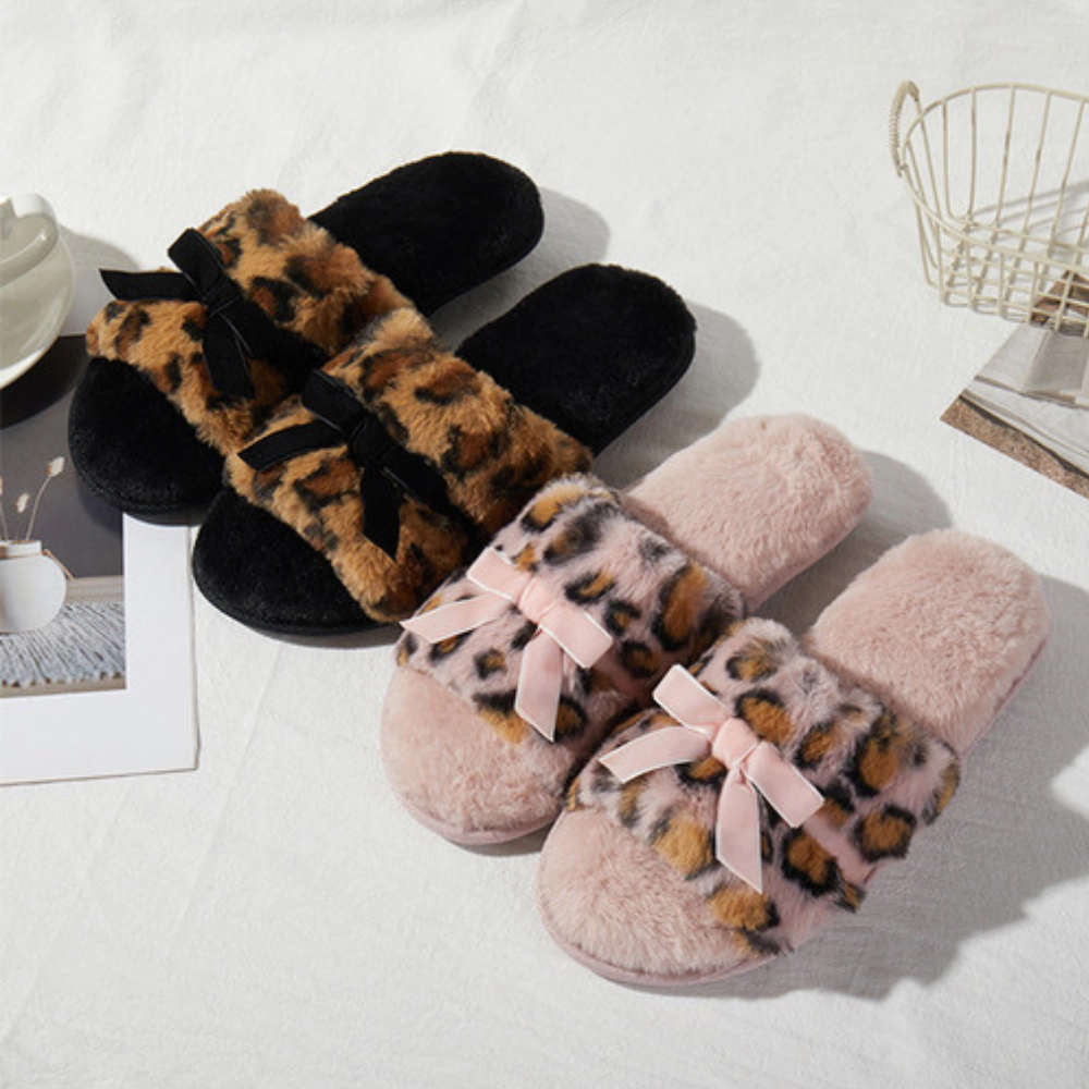 Roxoni Women’s Fuzzy Leopard Print Slippers with Bow