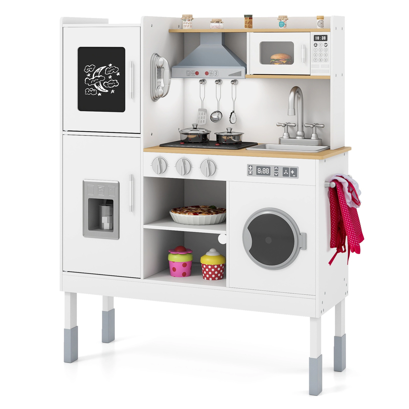 SUGIFT Adjustable Pretend Play Kitchen Playset Range Hood Ice Maker Telephone & Storage Ages 3+ Pink/White/Light Pink