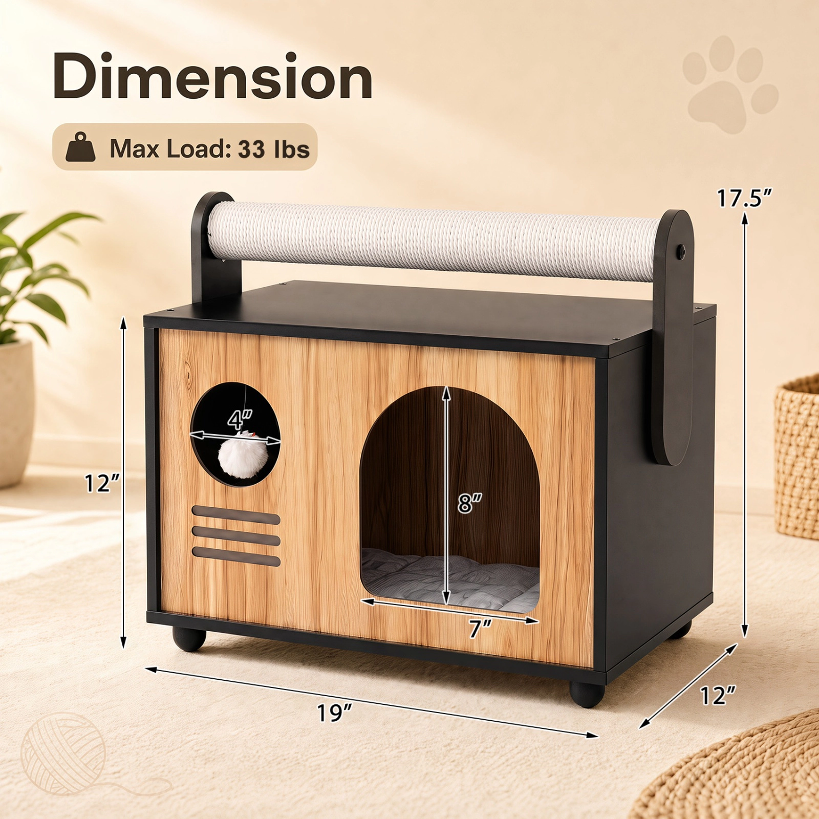 SUGIFT Black Wooden Cat House with Rope Scratching Post and Washable Cushion 19-in W 12-in D 17.5-in H