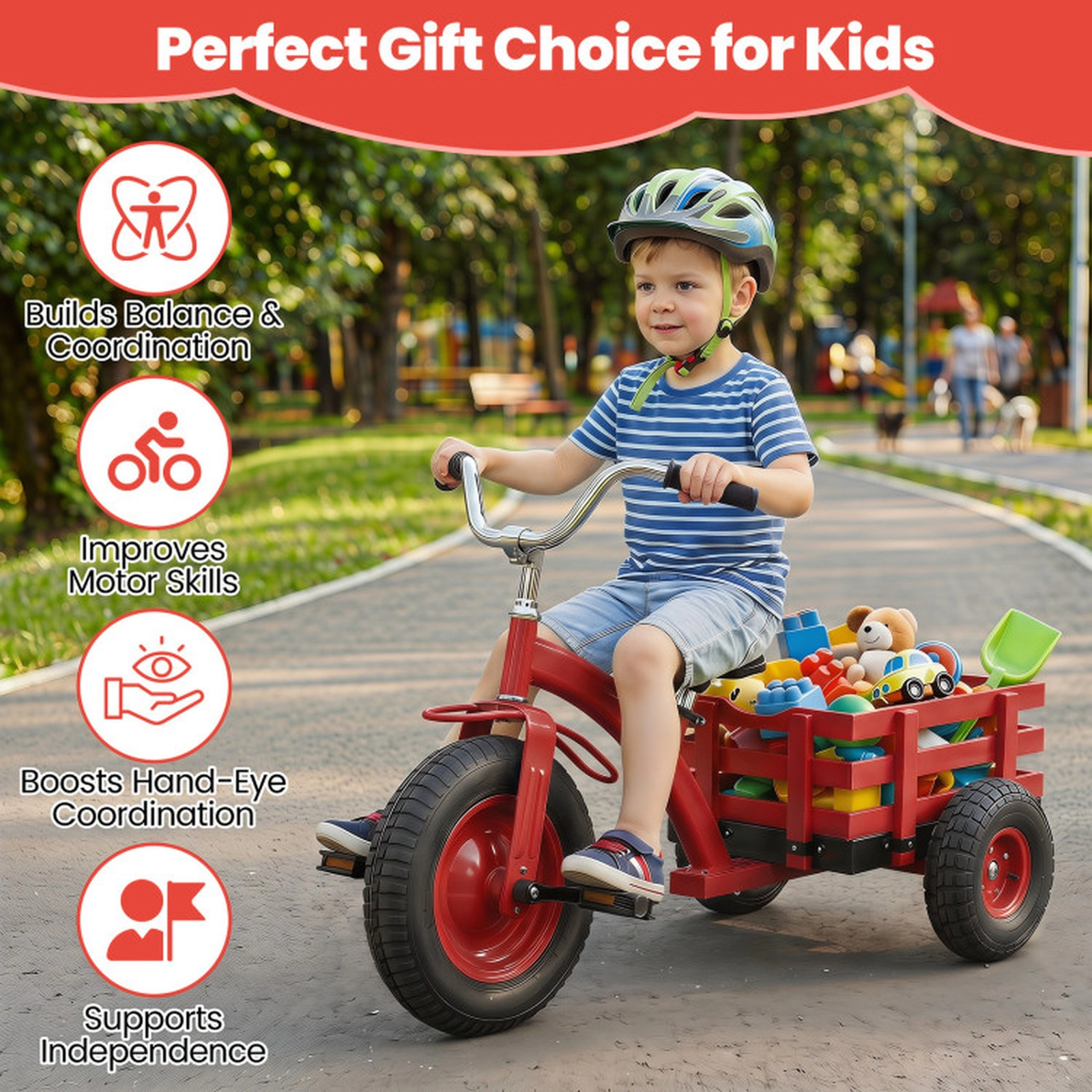 SUGIFT Red Inflatable Rubber Tires and Rear Cargo Basket 200-lb Kids Tricycle