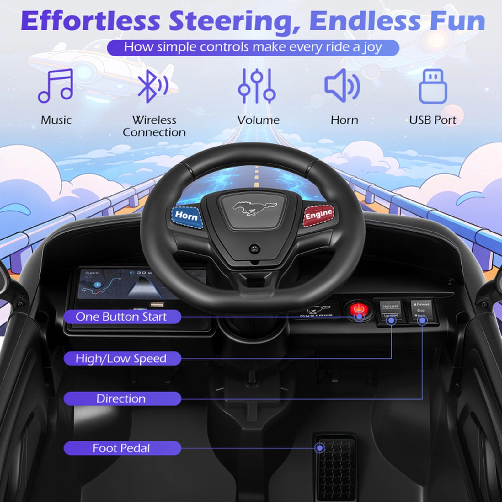 SUGIFT 12V Black Kids Ride-On Car with Licensed Ford Mach E Body Parent Remote and Horn 66-lb Rider