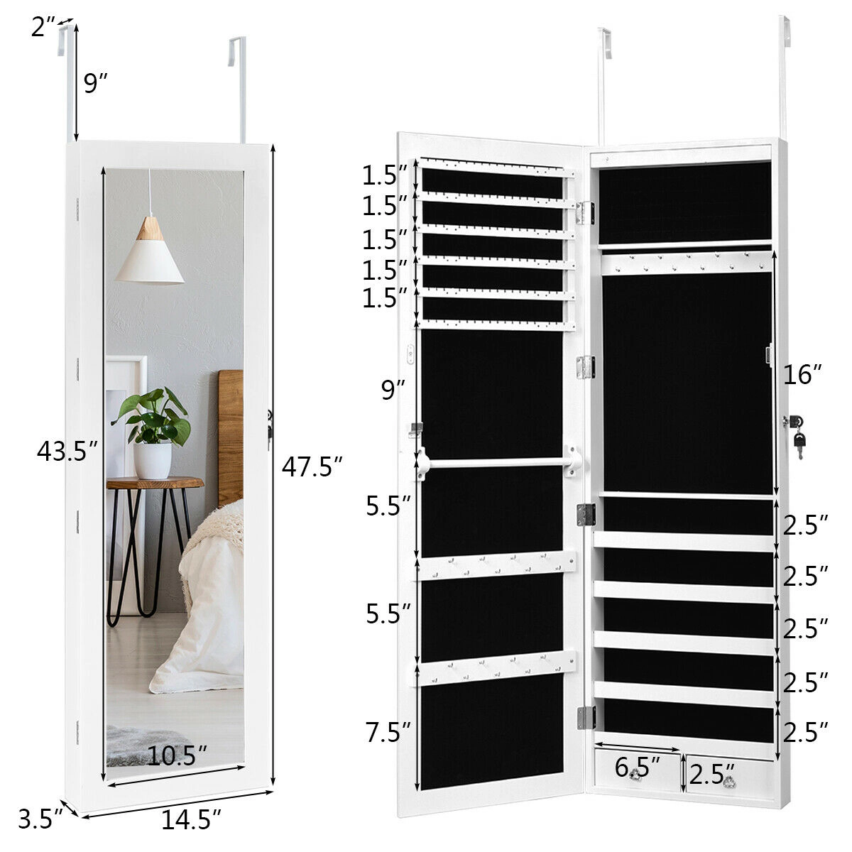 Slickblue 56.5 Inch Wall Mounted Lockable Jewelry Cabinet with Full-Length Mirror and LED Lights