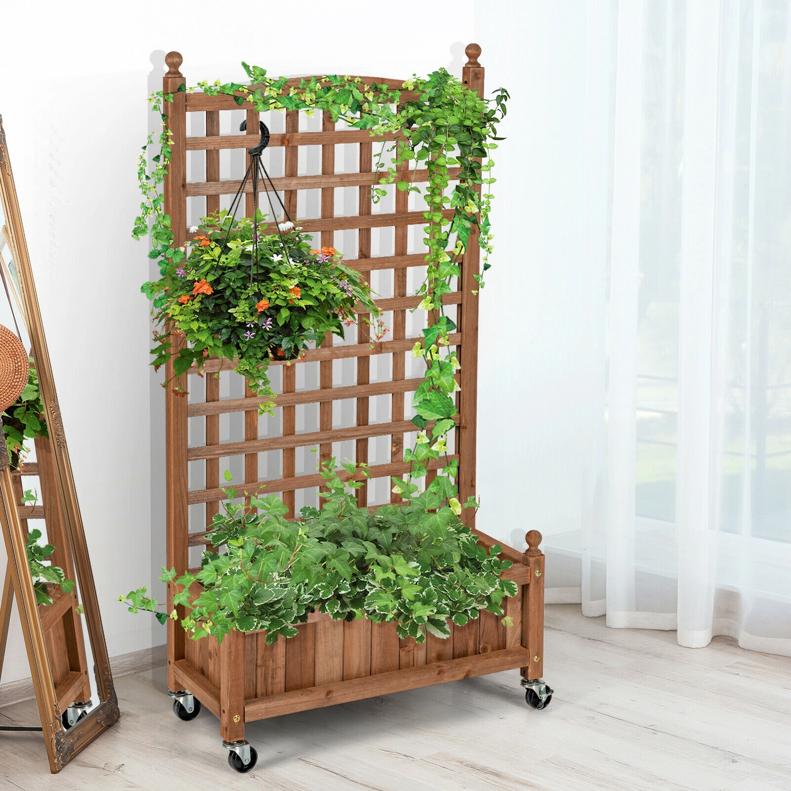SlickBlue Outdoor Wooden Raised Garden Planter with Trellis