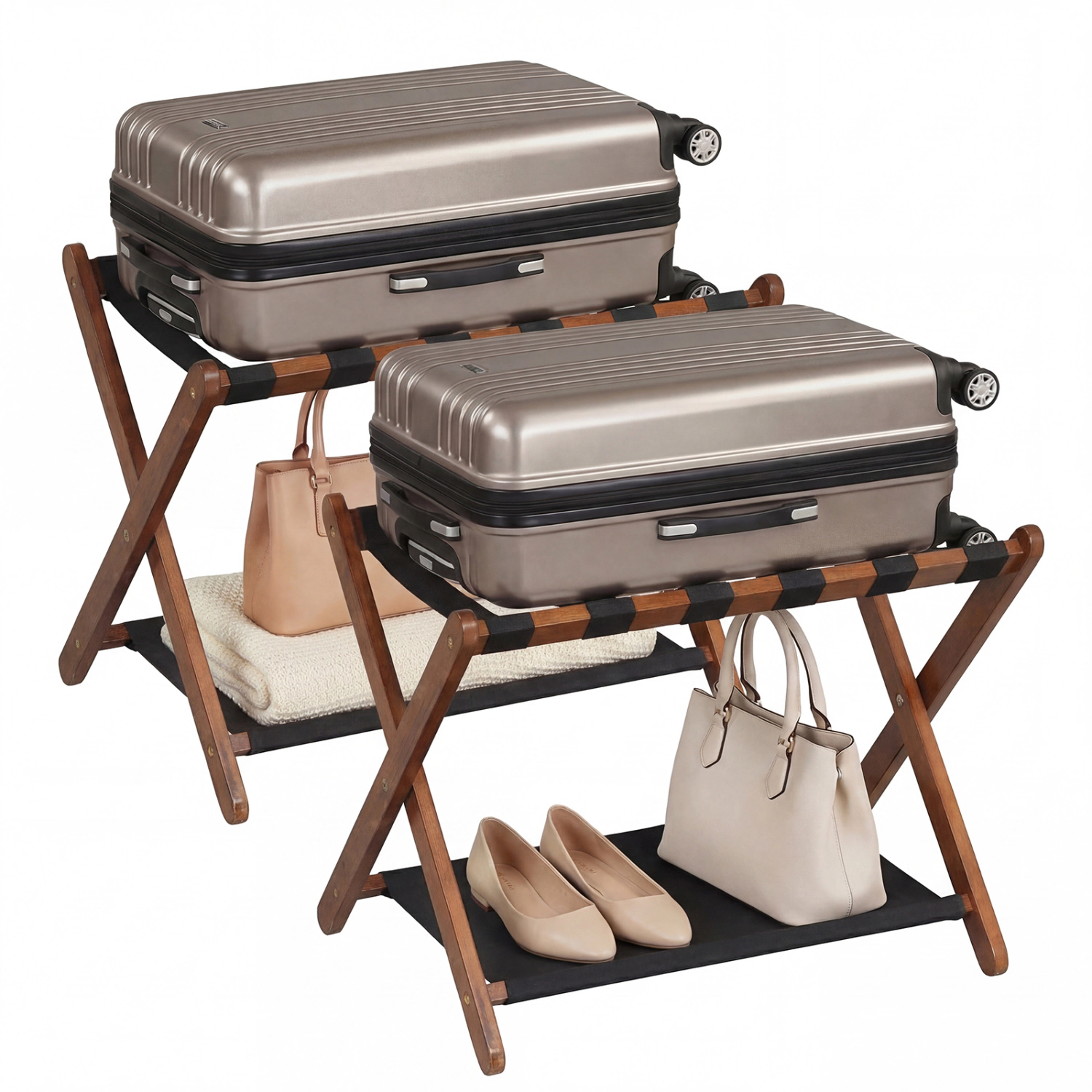 Glintex 2-Piece Folding Rubberwood Luggage Rack Set with Nylon Strap Shelves