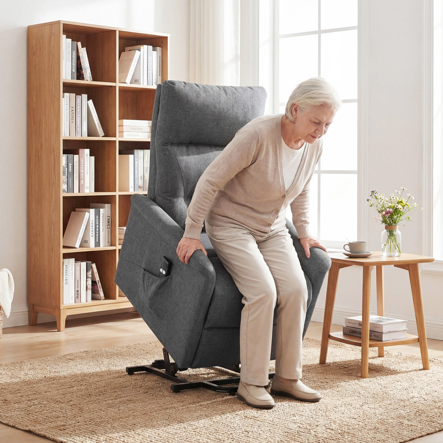 LJG Power Lift Recliner Chair for Elderly with Remote Control and Side Storage Pocket