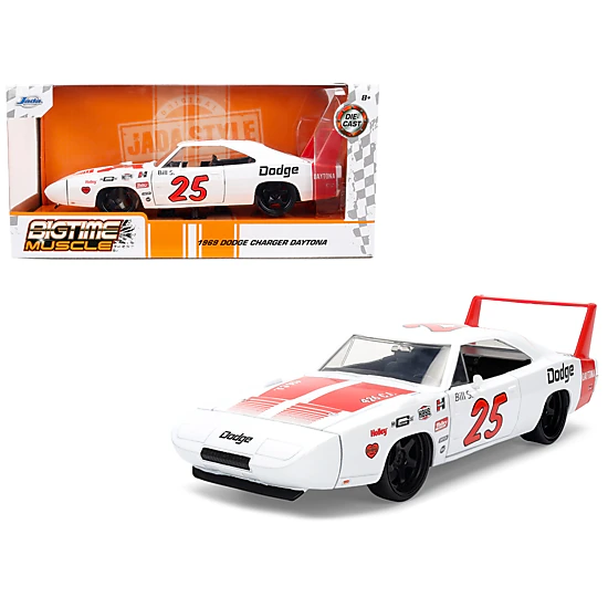 Jada 1969 Dodge Charger Daytona #25 White With Red Stripes "Bigtime Muscle" Series 1/24 Diecast Model Car By Jada