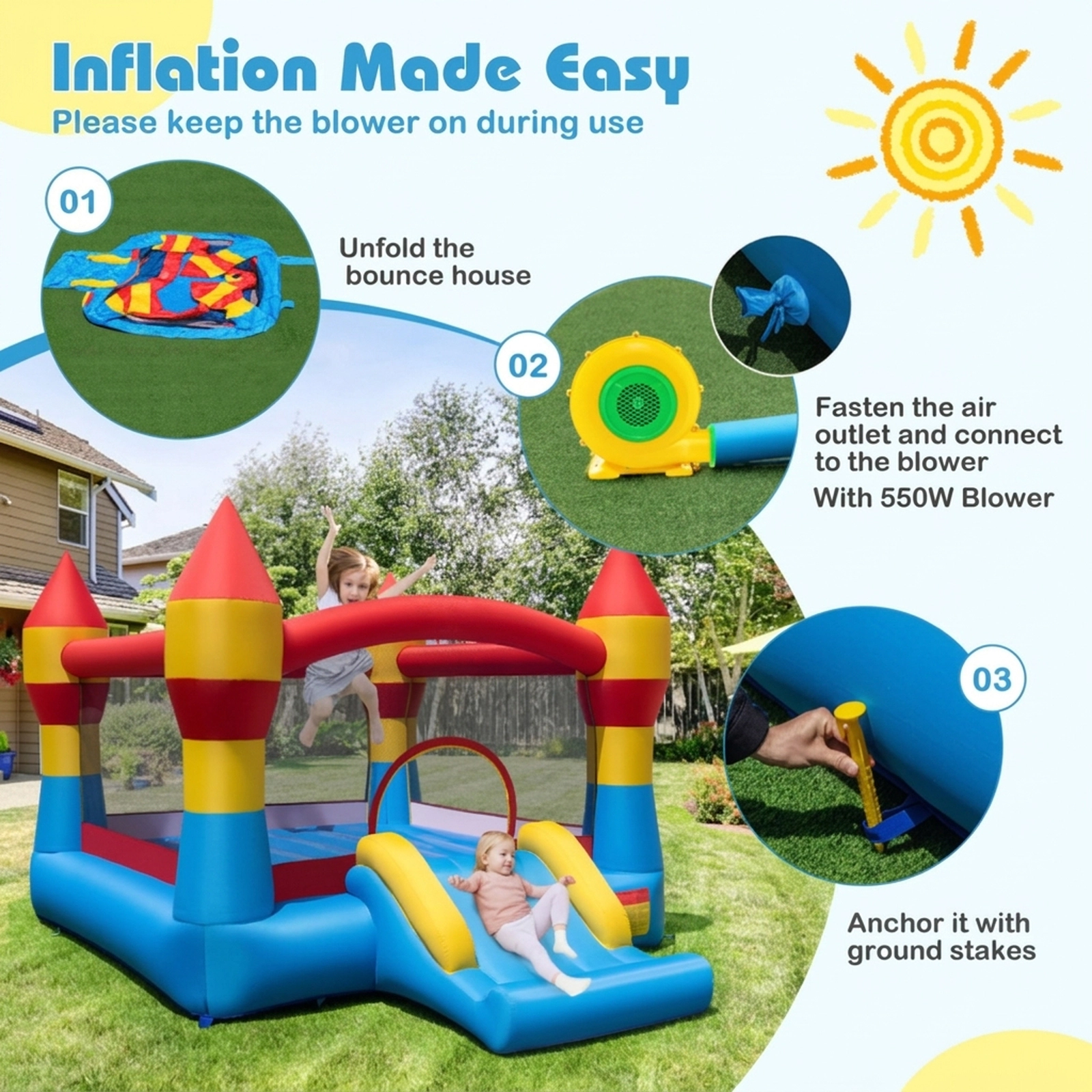 SUGIFT Slide and 550W Blower for Yard Indoor Outdoor Kids Inflatable Bouncy Castle