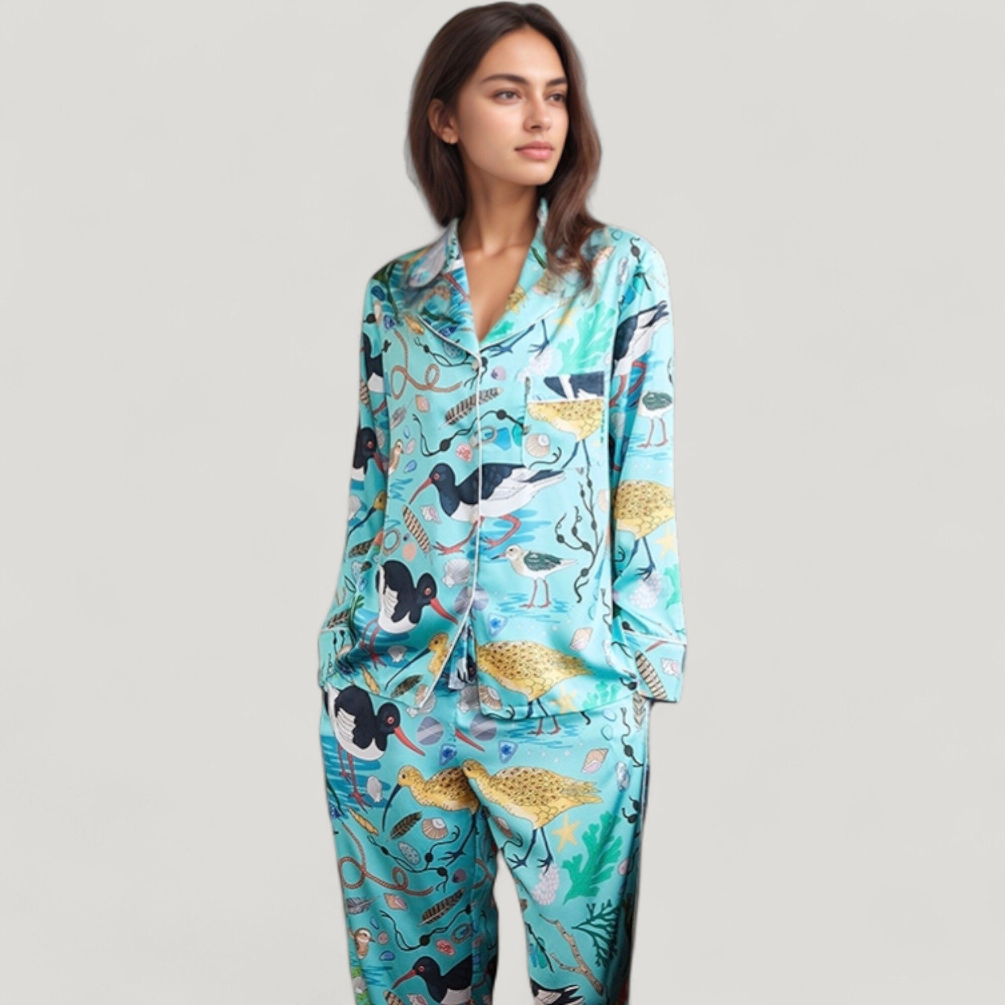 Anna-Kaci Women's Tropical Bird Print Pajama Set Long Sleeve Notch Collar Button Down Top and Relaxed Silky Woven Pants