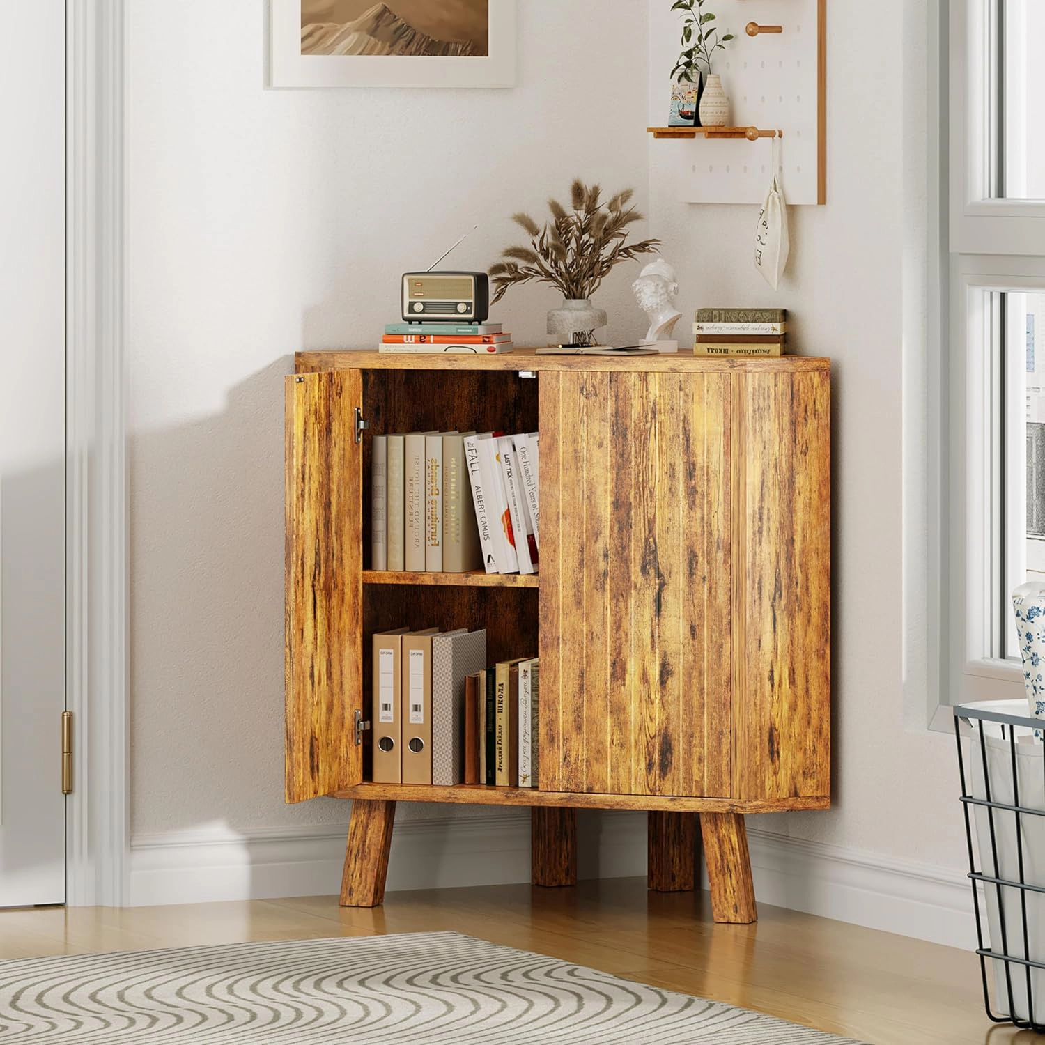 BebreezChic Industrial 3 Tier Wooden Corner Storage Cabinet, Adjustable Shelves
