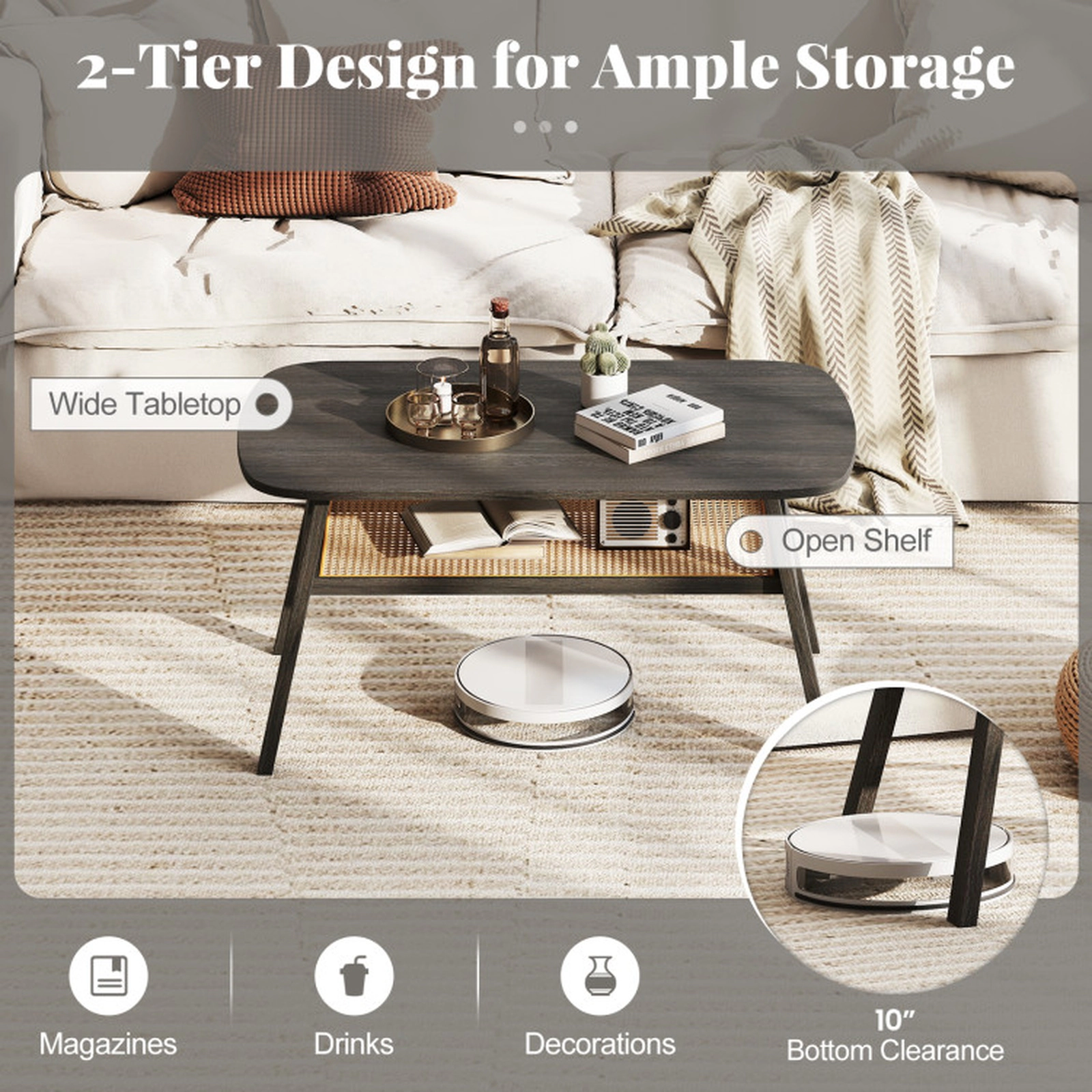 SUGIFT 2-Tier Rectangular Center Coffee Table with Rattan Storage Shelf 220-lb Tabletop Capacity Dark Gray & Natural