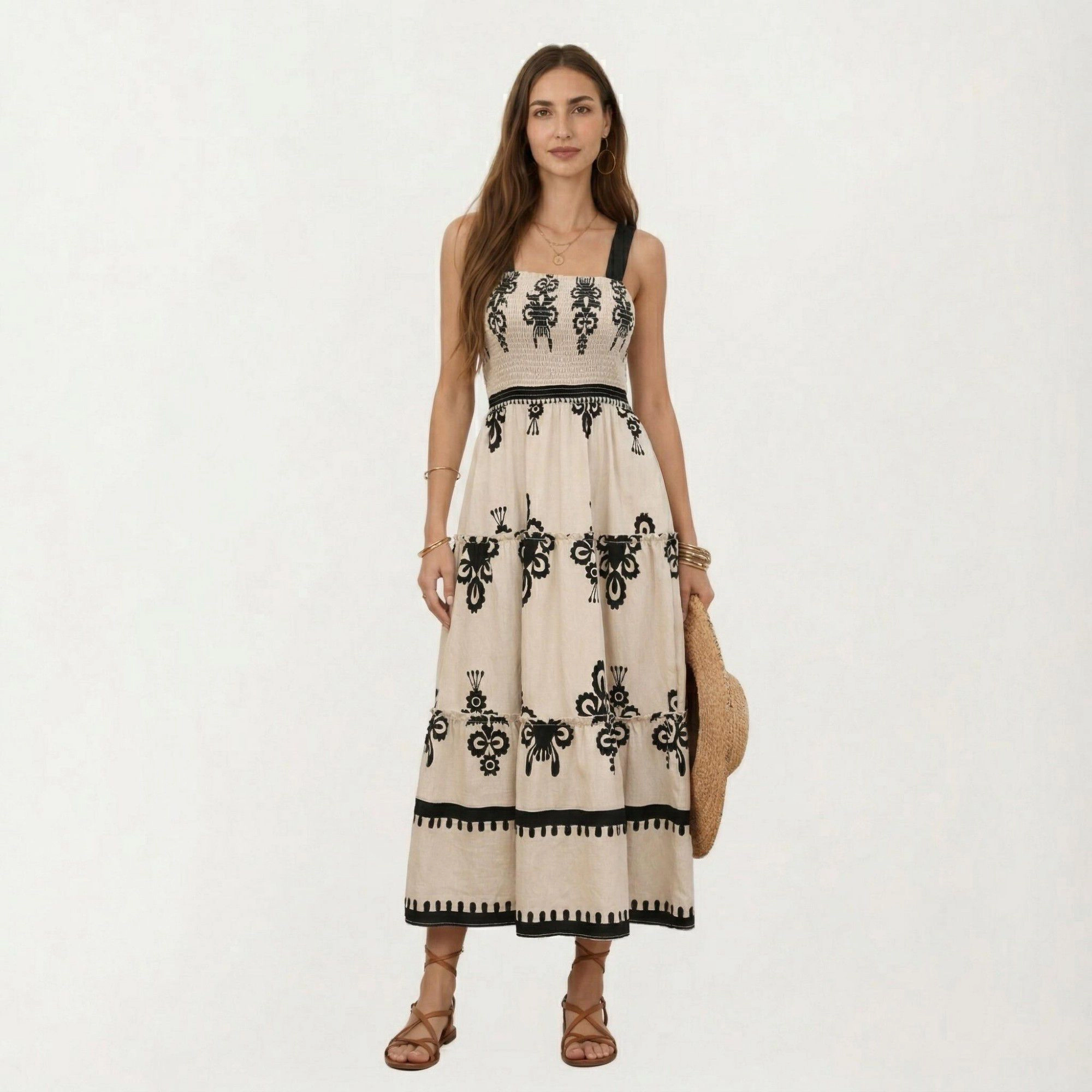 Anna-Kaci Womens Sleeveless Smocked Floral Tiered Midi Dress