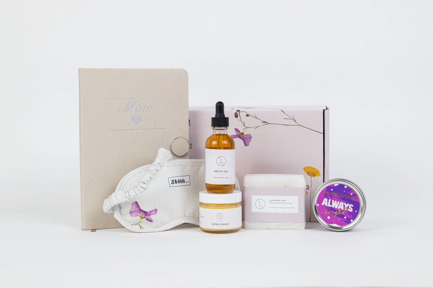 Lizush  Pregnancy Gift Box - New Mom Gift Set with Nipple Balm, Belly Oil, Lavender Soap, Soy Candle, Eye Mask, Gift Box