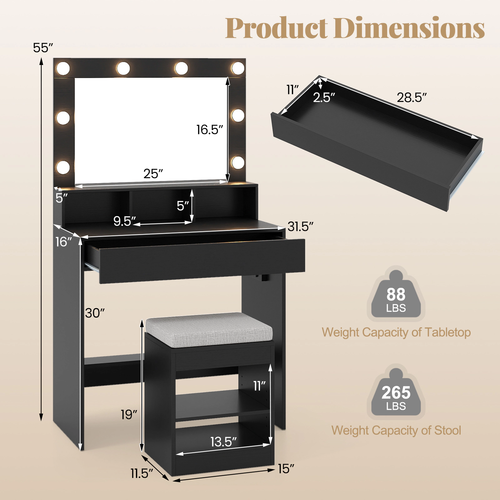 SUGIFT 2-Piece Vanity Set with Lighted Mirror, Storage Stool and Charging Station