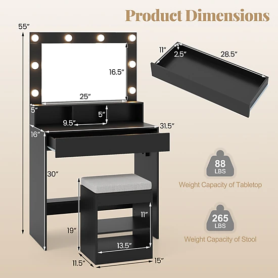 SUGIFT 2-Piece Vanity Set with Lighted Mirror, Storage Stool and Charging Station