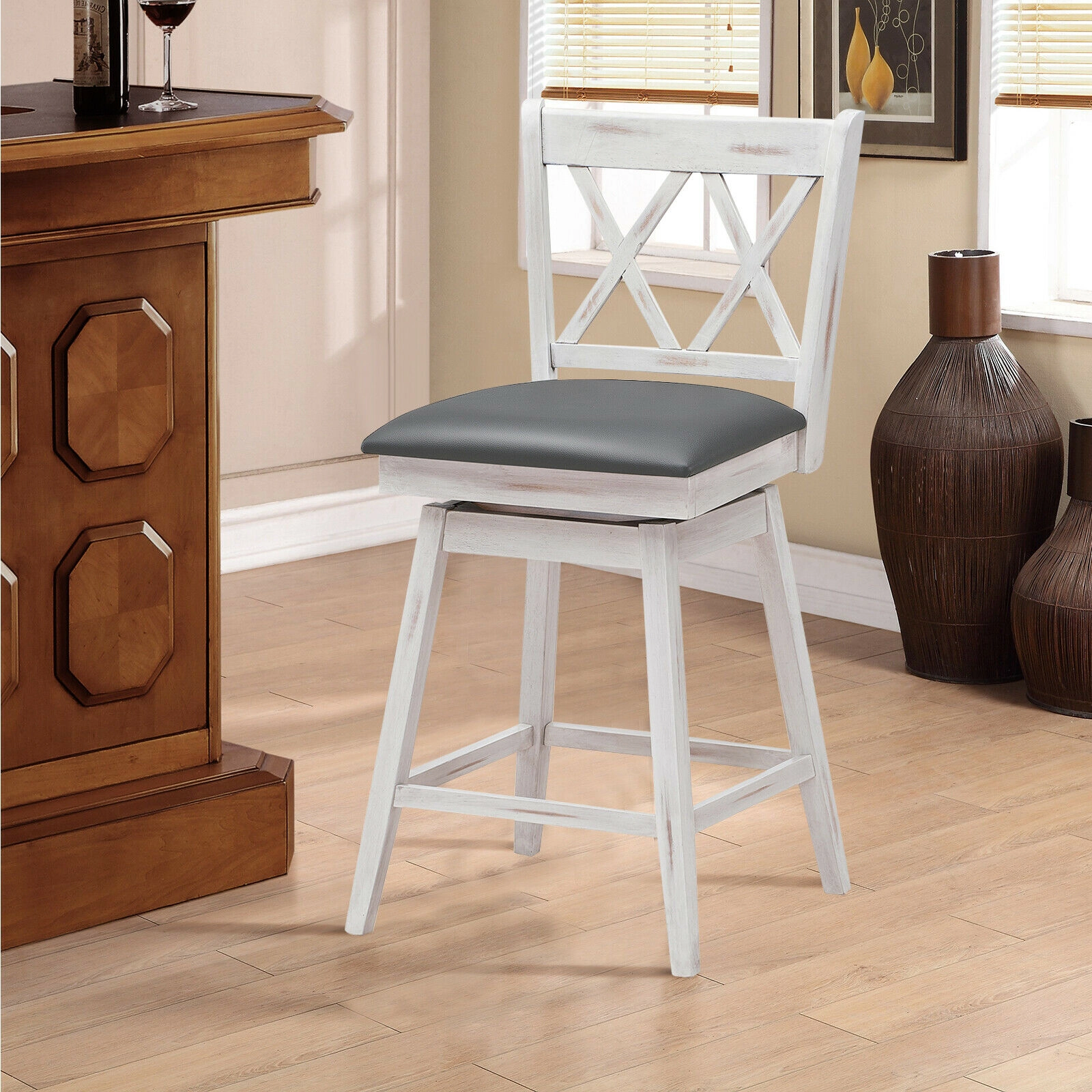 SUGIFT 2-Piece 24-in Swivel Counter Height Bar Stool Set Rubber Wood Legs 264-lb Capacity 18 x 20 x 38 in Black/White