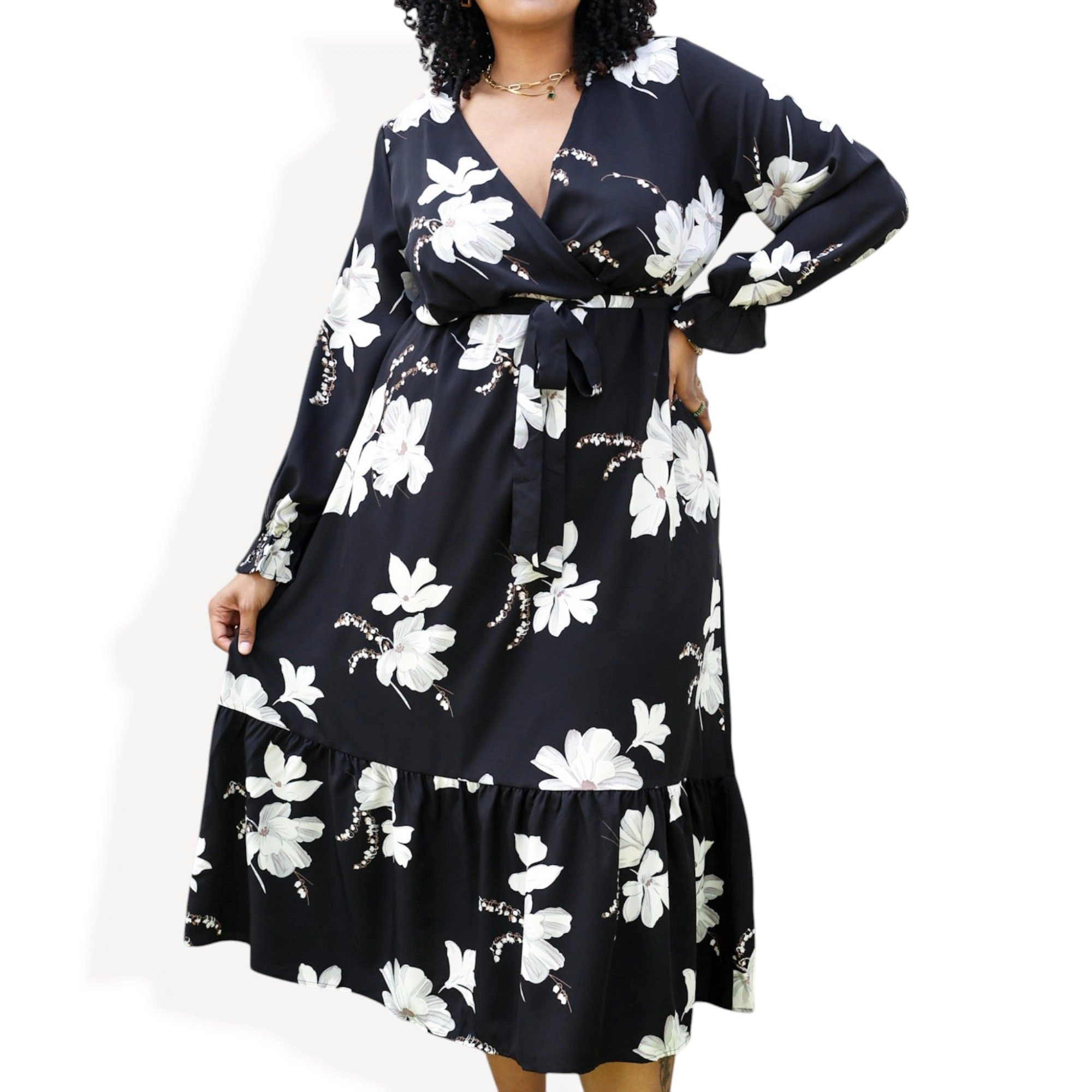 Anna-Kaci Women's Floral Paisley Wrap Midi Dress with Ruffle Hem and Adjustable Tie Waist