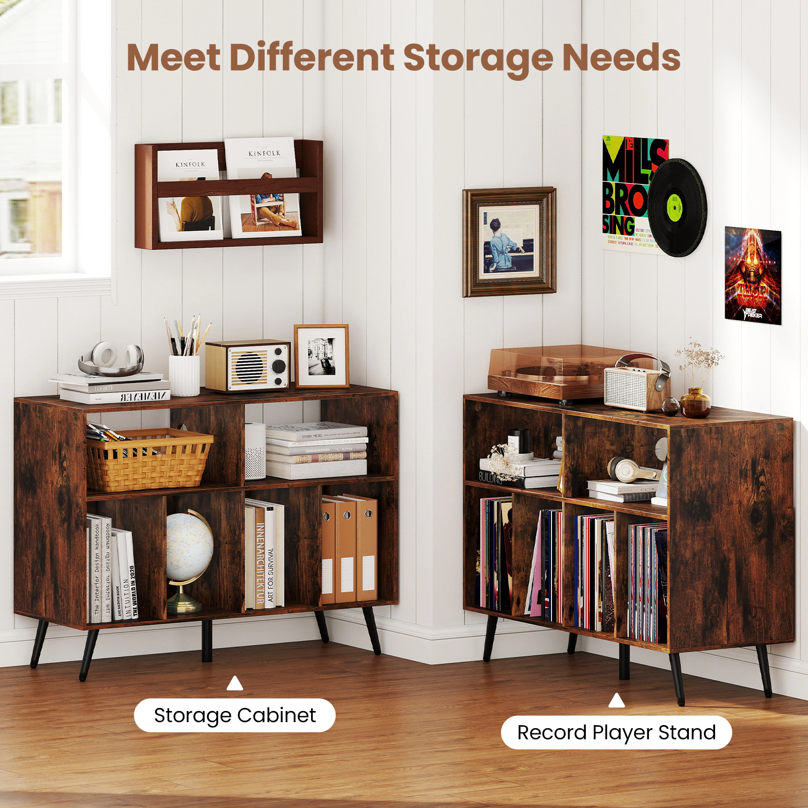 Glintex 40-Inch Record Player Stand with 4 Record Compartments and Charging Ports, Rustic Brown