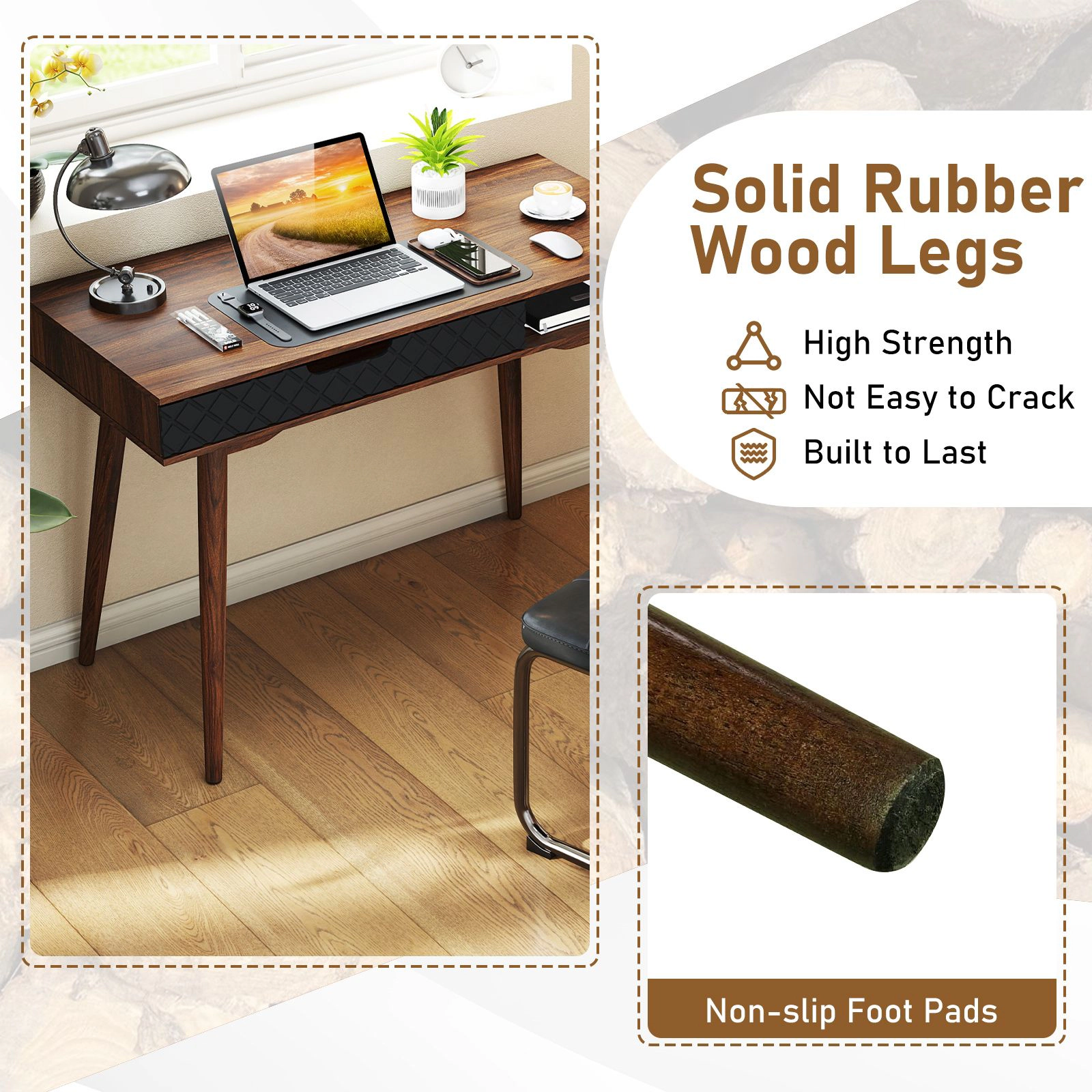 SlickBlue Brown Black Writing Desk with Drawer and Storage Compartment