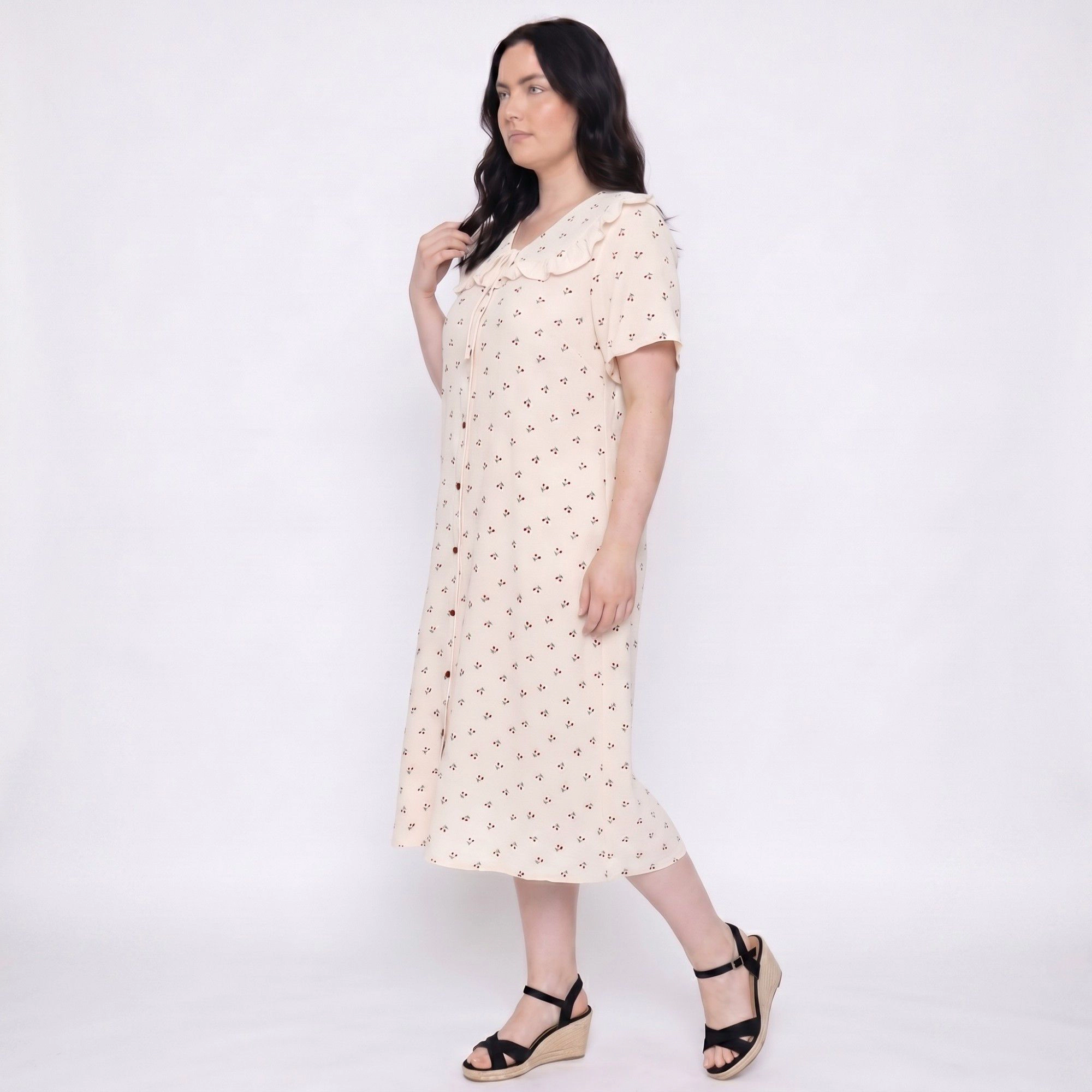 Anna-Kaci Women's Short Sleeve Button Front Midi Nightgown Ruffle Collar Tie Neck Sleep Dress