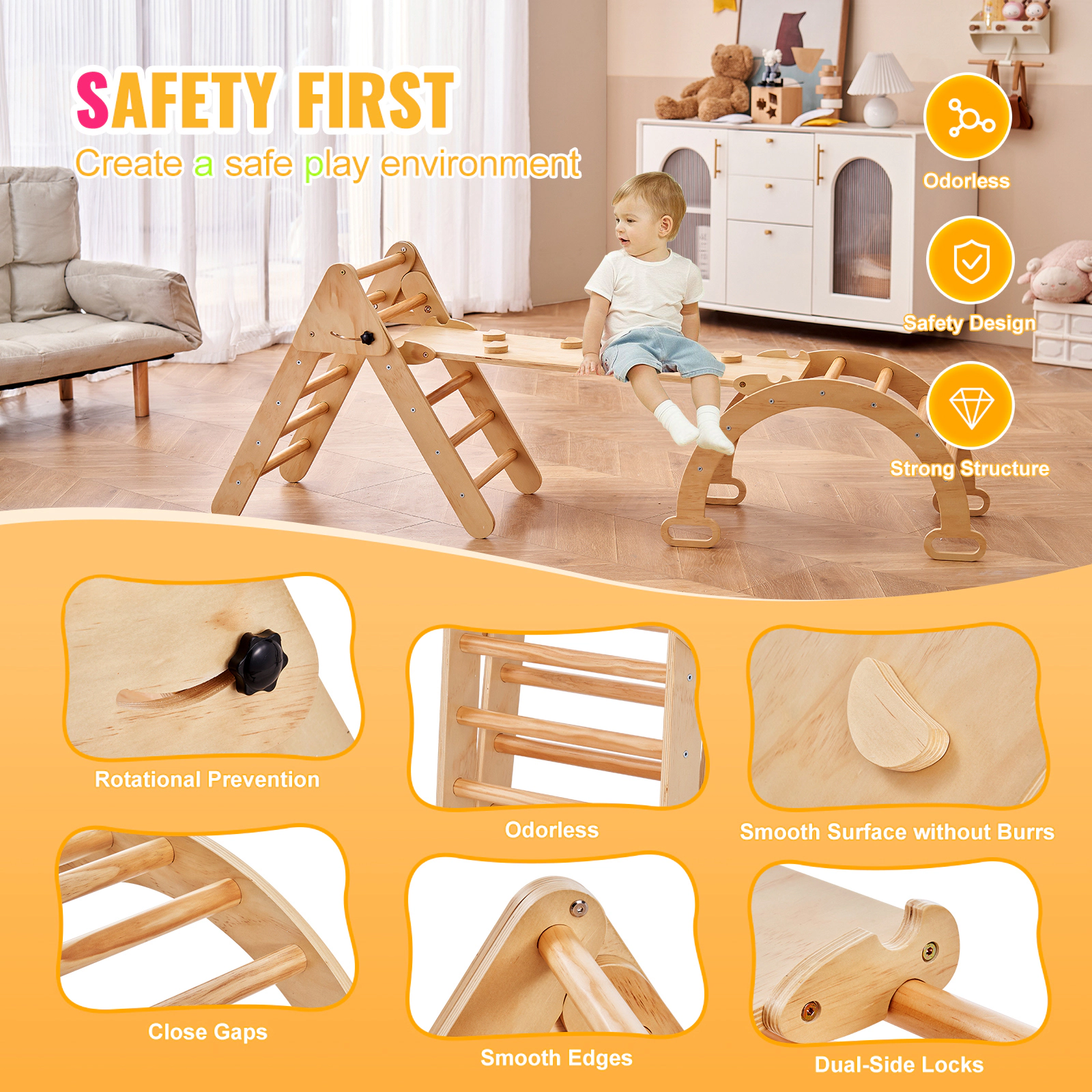 HONGGE Pikler Triangle Set 5 in 1 Toddler Climbing Toys Indoor Playground Ramp and Arch Montessori Climbing Set with