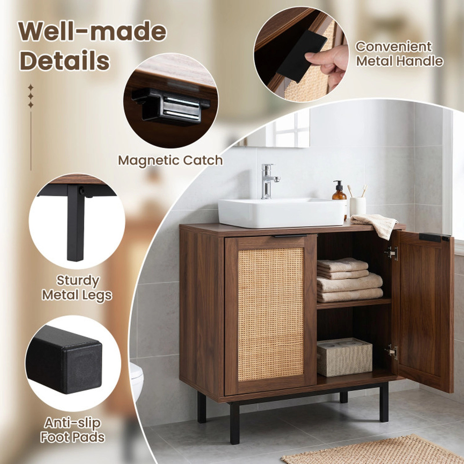 SUGIFT Bathroom Vanity Cabinet with U-Shaped Cut-Out 2 Rattan Doors and Inner Shelf 66-lb Capacity Brown/Natural/White