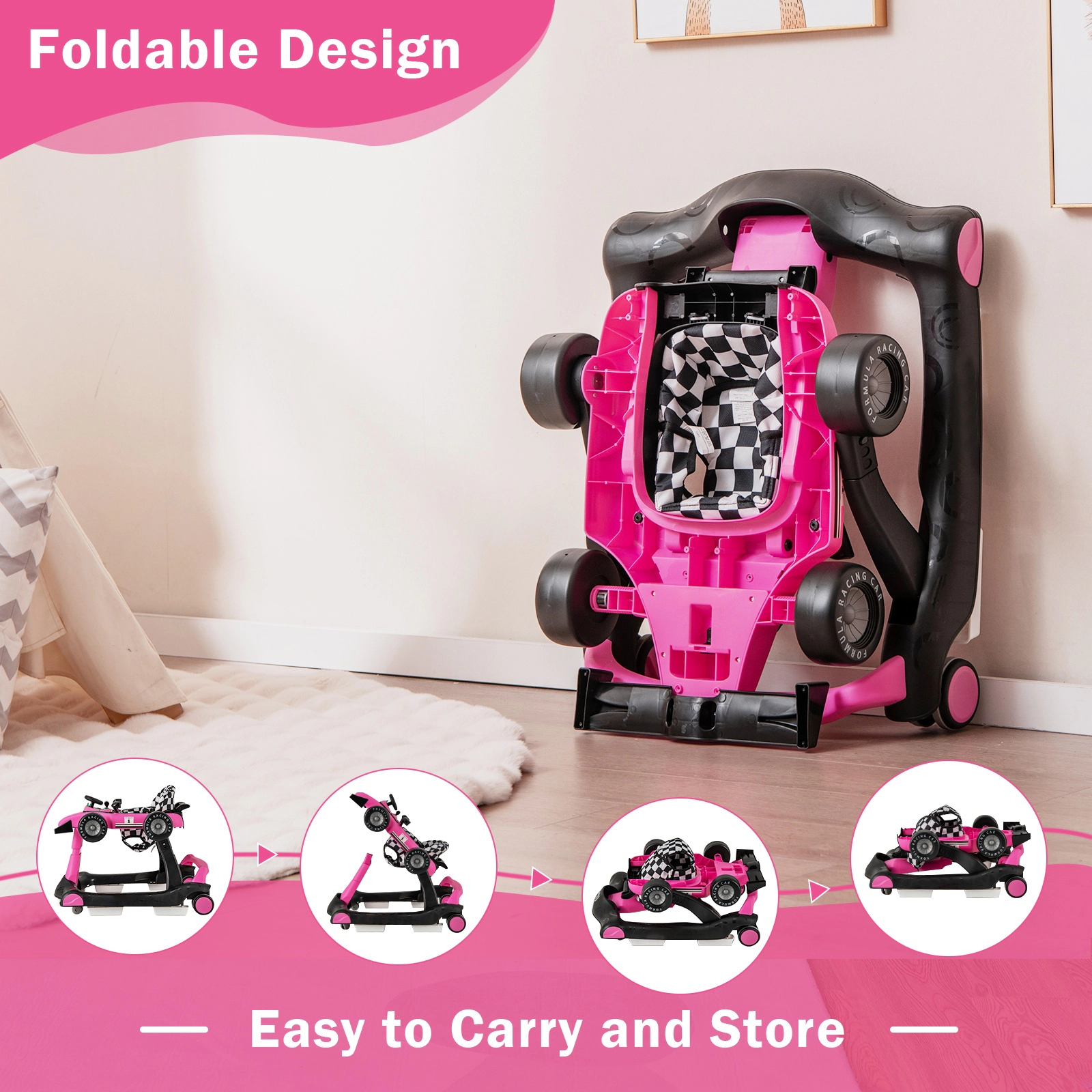 SUGIFT 4-in-1 Foldable Activity Push Walker with Adjustable Height 25-lb Capacity Ages 6-18 Months Pink