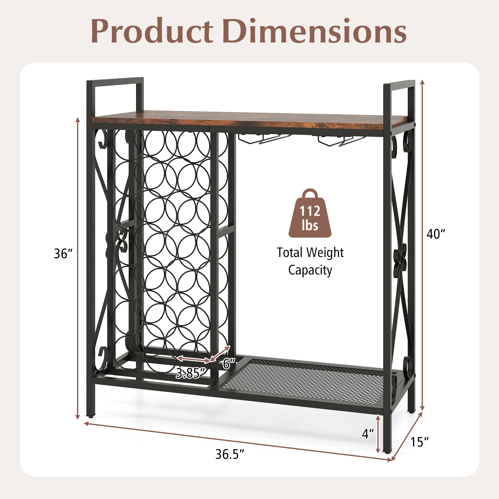 SUGIFT 21 Bottle Wine Rack Rustic Brown Freestanding Floor Organizer with Glass Holder