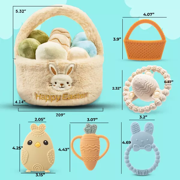 Sperric Easter Plush Basket w/ Baby Teethers and Eggs, Stuffers & Teething Toys Gift Set