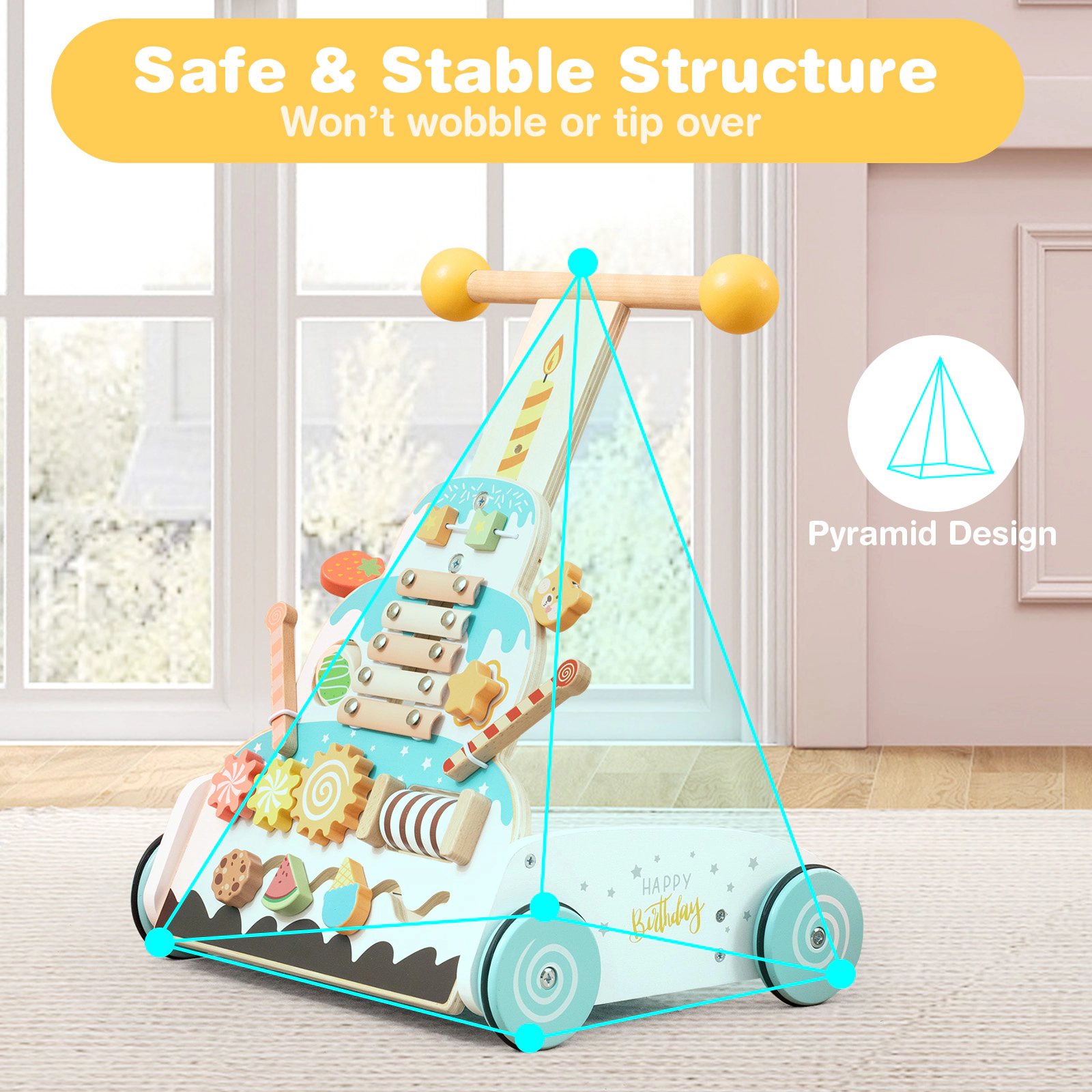 SUGIFT White 3 Adjustable Handle Heights and Smooth Rubber Wheels Wooden Baby Walker