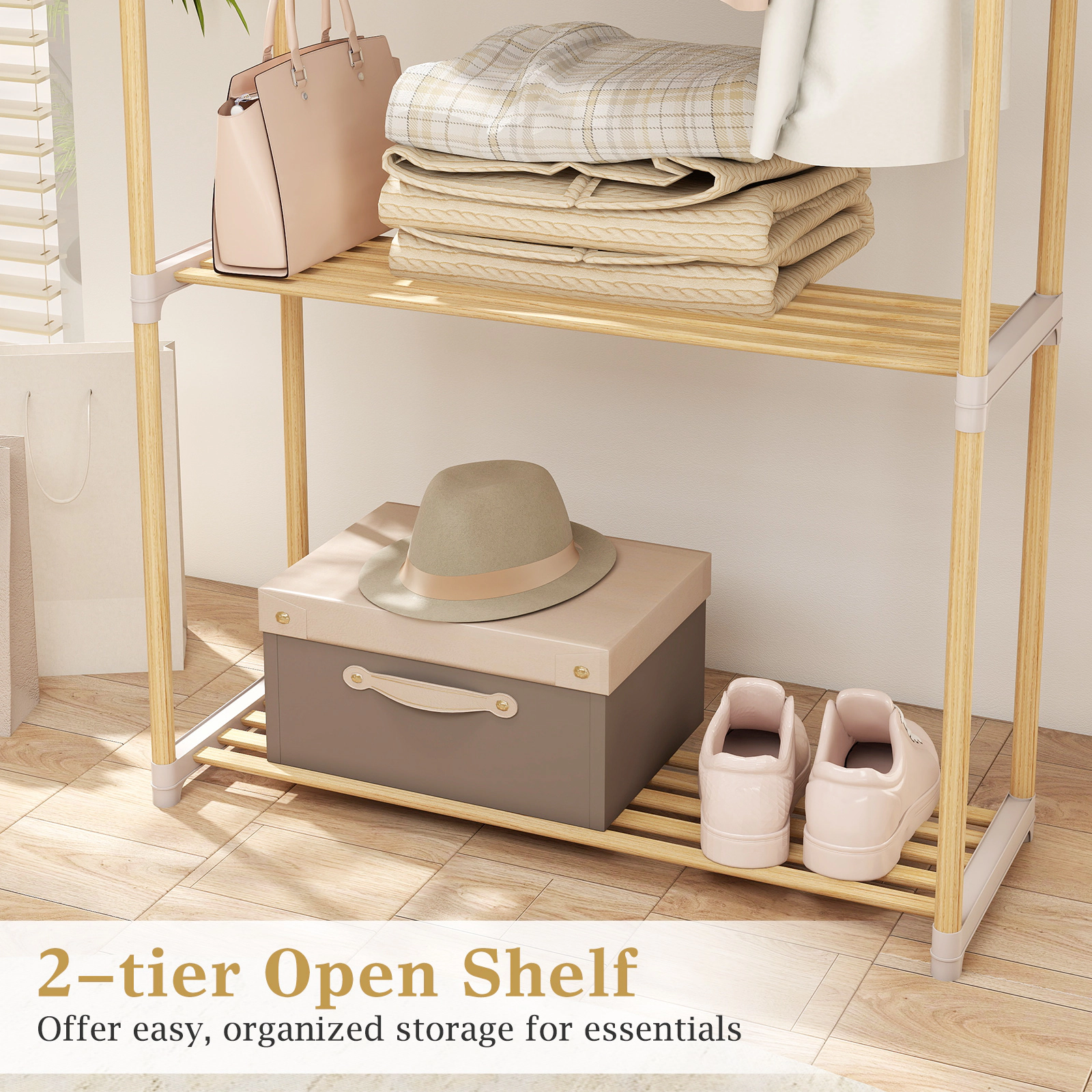 SUGIFT 59-in Natural Gray Solid Pine Wood Clothes Rack Garment Stand with 2-Tier Open Storage Shelf