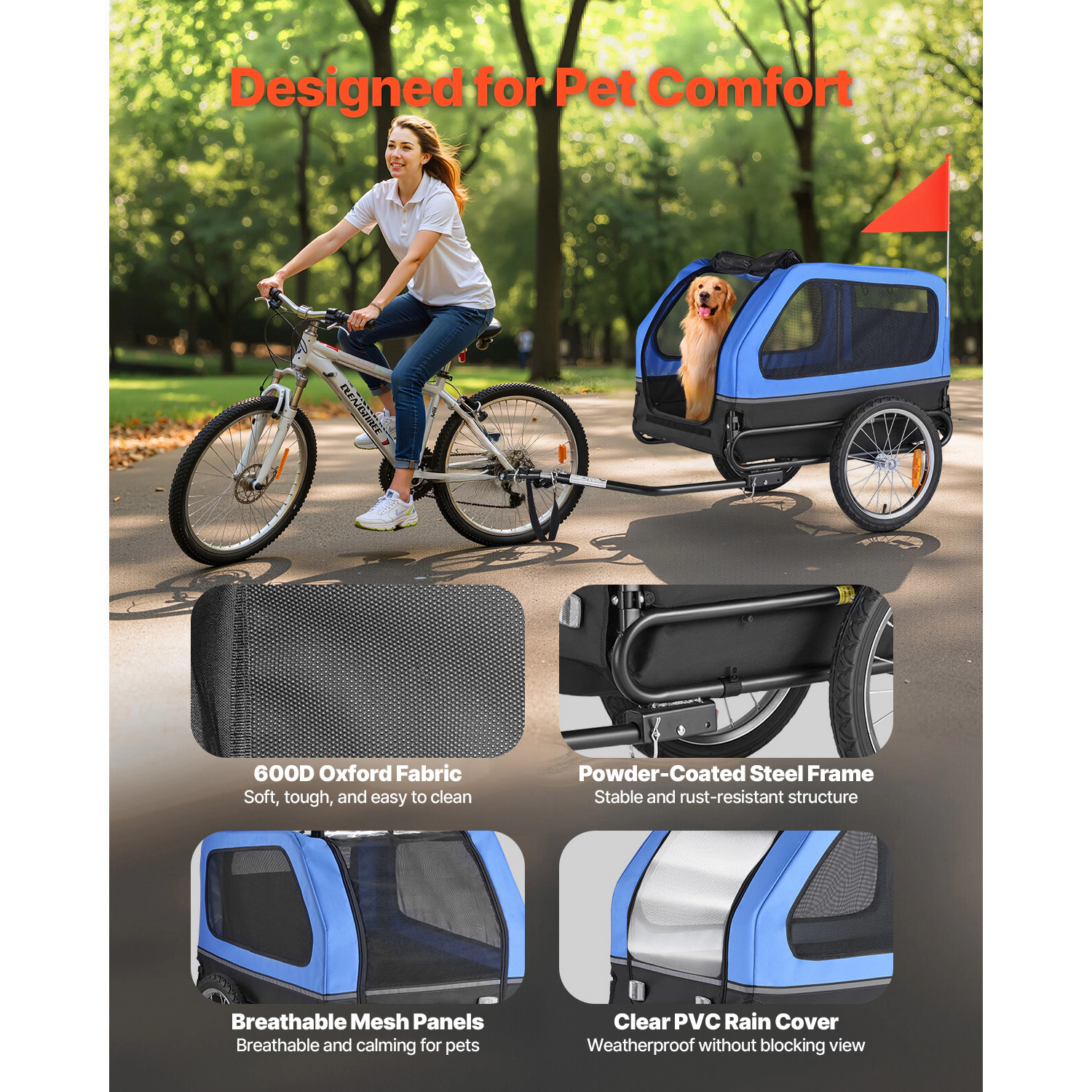 HONGGE Foldable Dog Bike Trailer for Medium to Large Dogs, Supports up to 88 lbs, Fits 22-28 in Bicycle Wheels