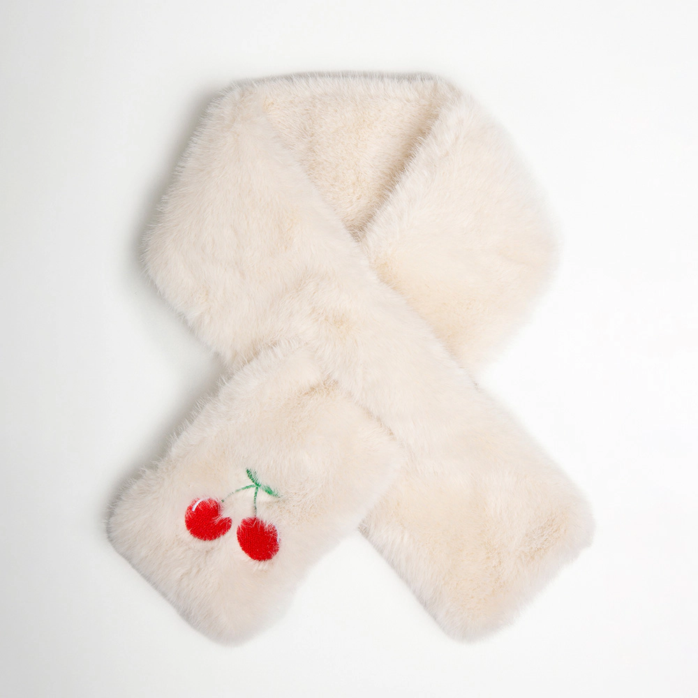 Truedames Faux Fur Plush Cherry Embroidered Pull Through Scarf Red, White