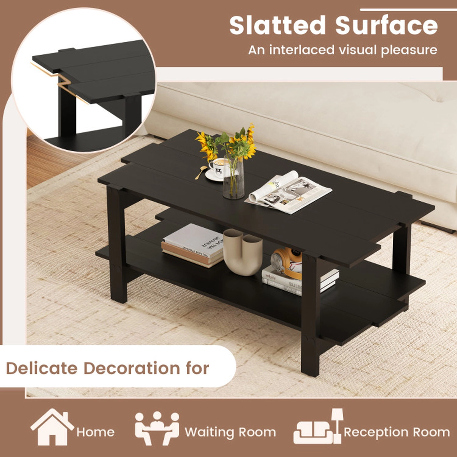 SUGIFT 2-Tier Slatted Wood Hidden Crossbar Open Storage Coffee Table 45-in x 23.5-in x 18.5-in 135-lb per Shelf Black