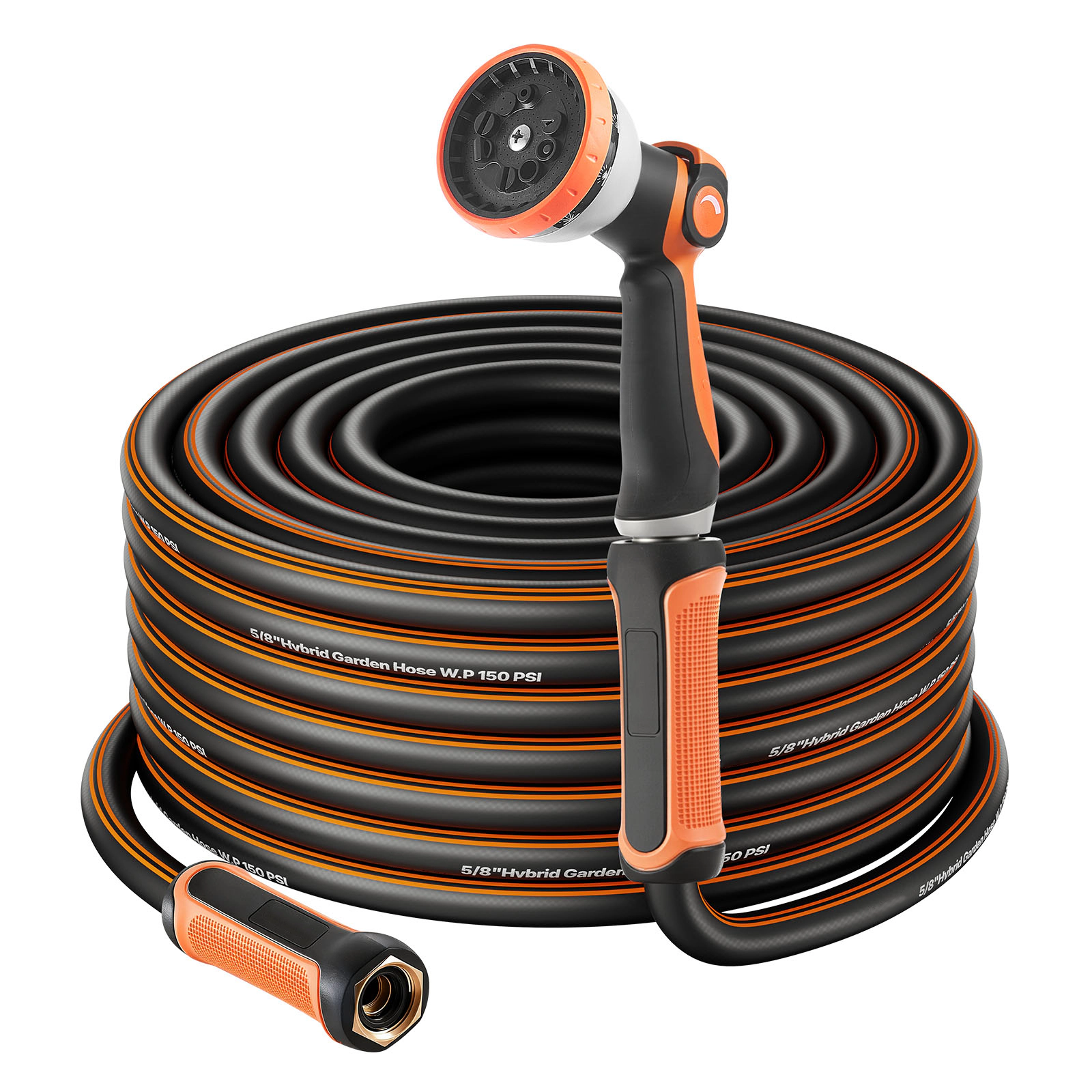 HONGGE Garden Hose 5/8" Heavy Duty Rubber Water Hose with 10 Mode Nozzle 150PSI Working & 600PSI Burst Flexible &