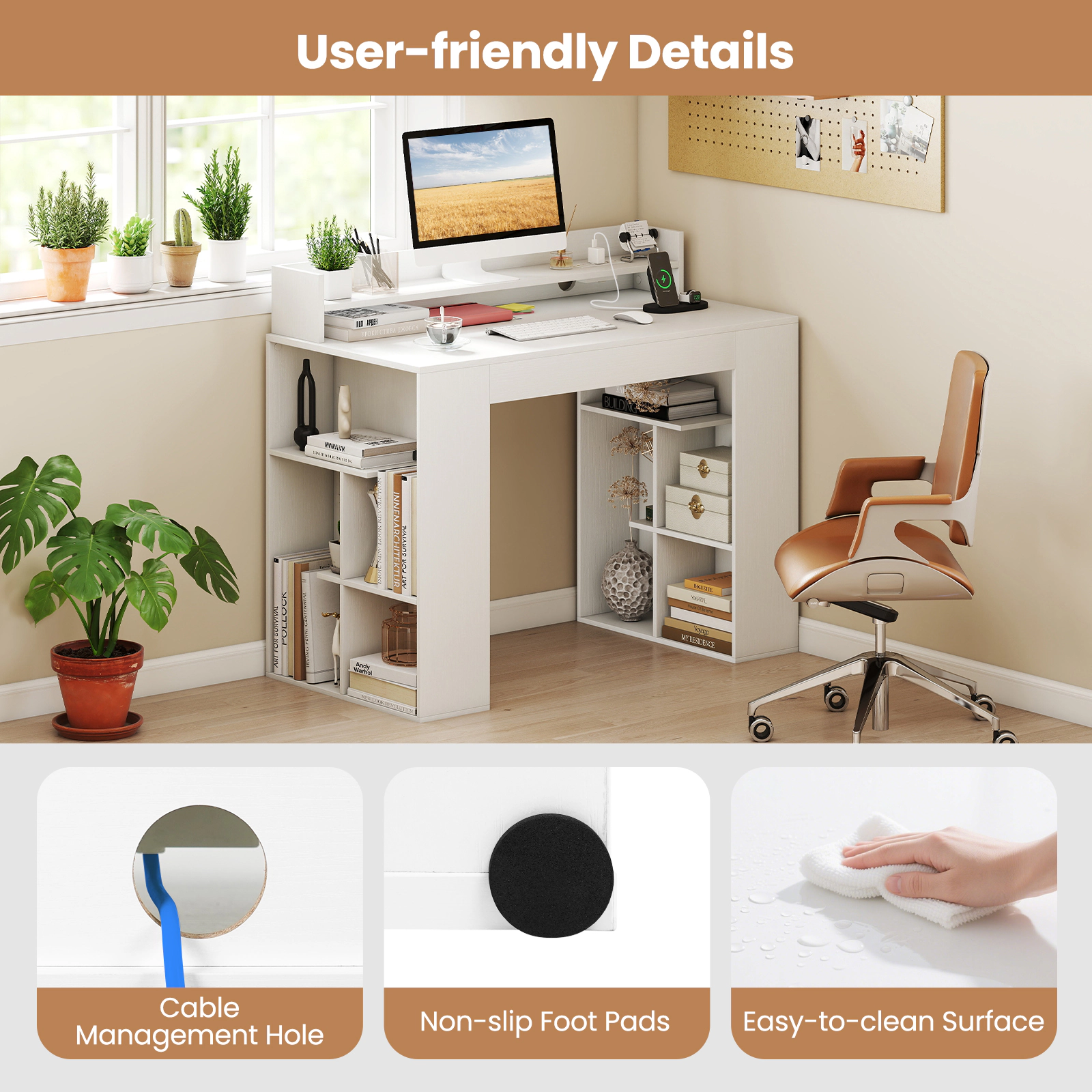 SUGIFT White Power Outlets and 2 Geometric Side Bookcases 43 Inch Computer Desk