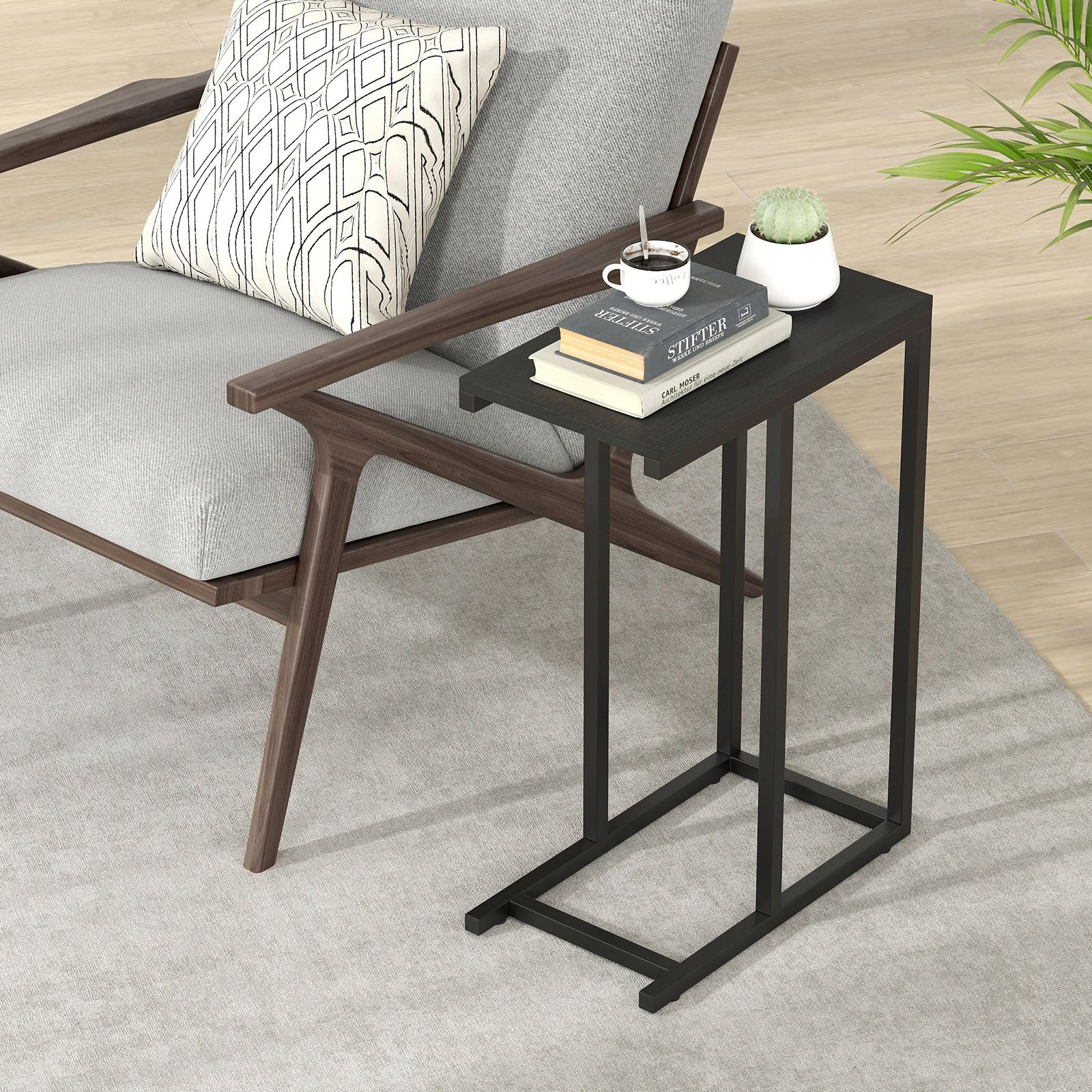 Glintex C-Shaped Side Table with Heavy-Duty Metal Frame and Wood Grain Top