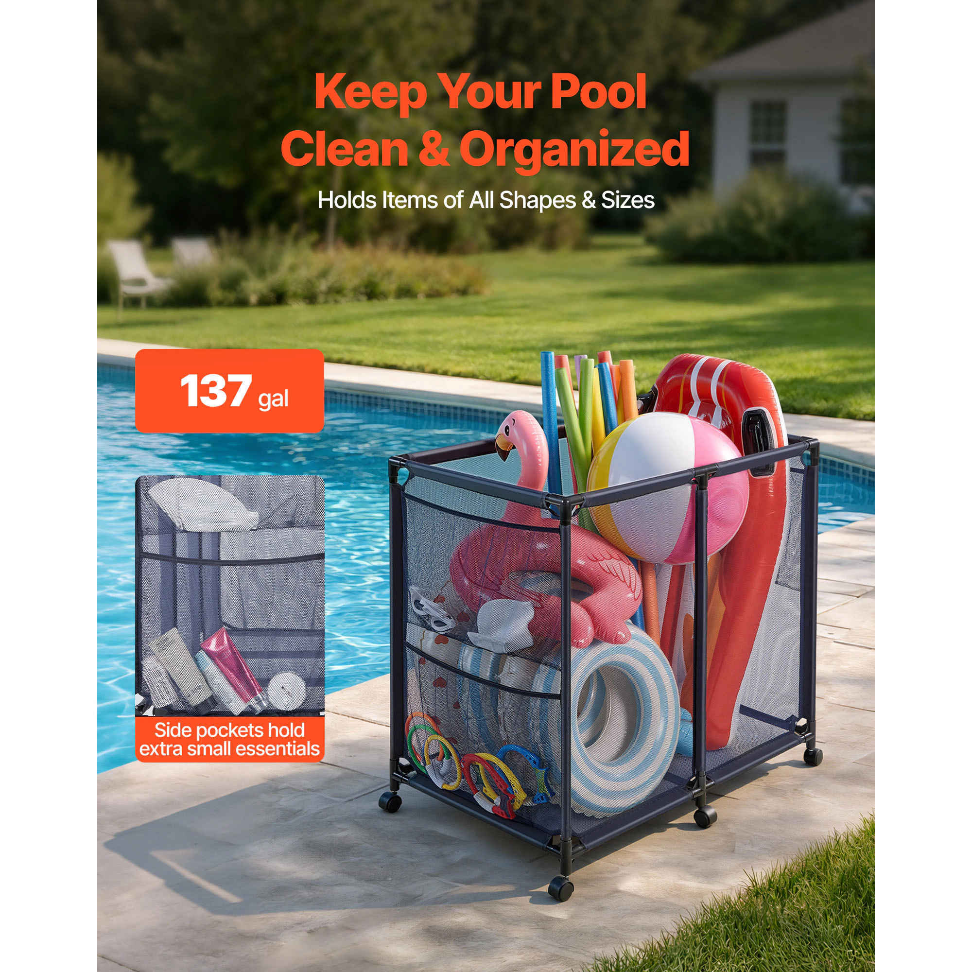 HONGGE Pool Storage Bin Rolling Organizer with Side Pockets & Casters Heavy Duty Frame Poolside Toys Noodles Holder