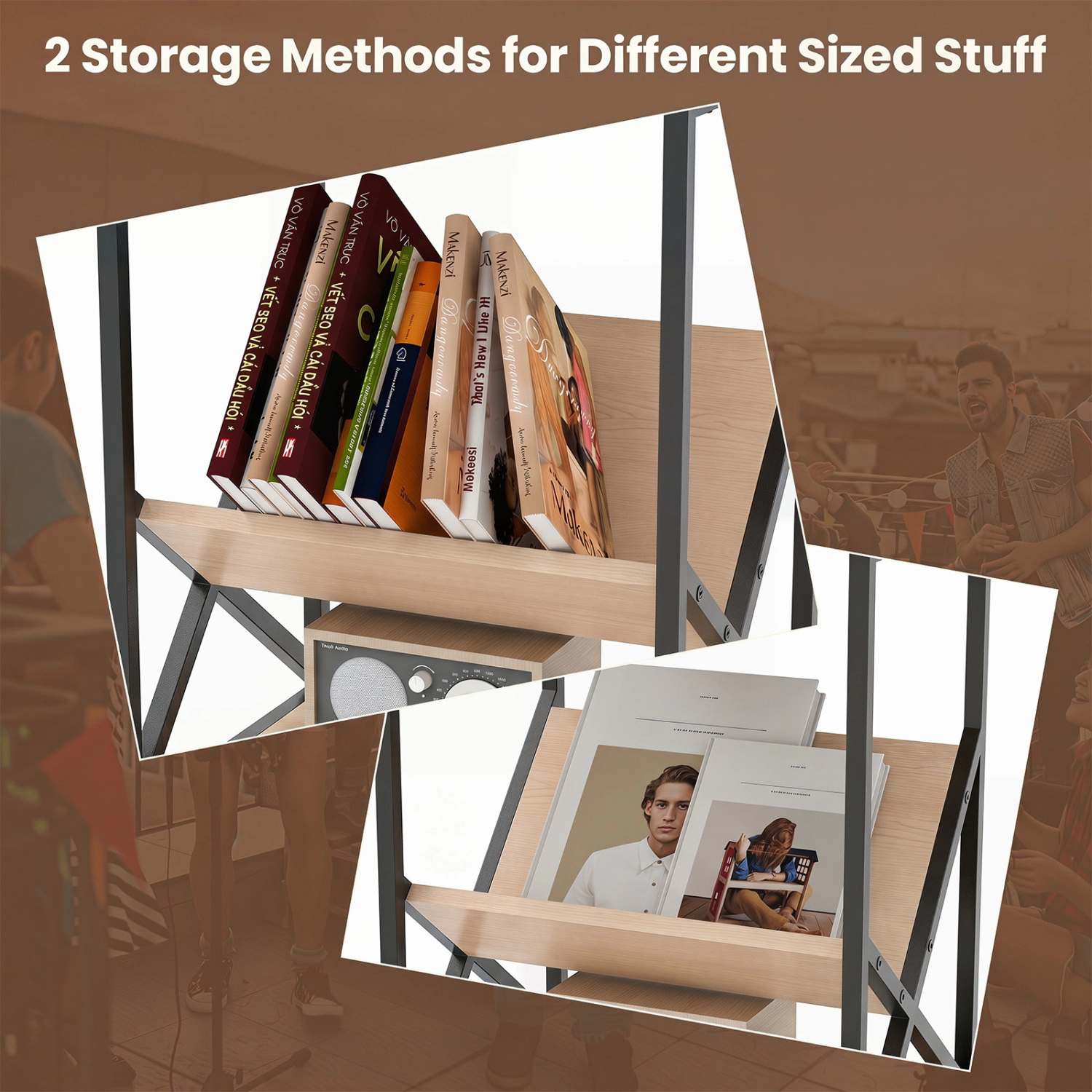 Glintex 3-Tier Rustic Side Table with V-Shaped Magazine Rack and Steel Frame, Natural