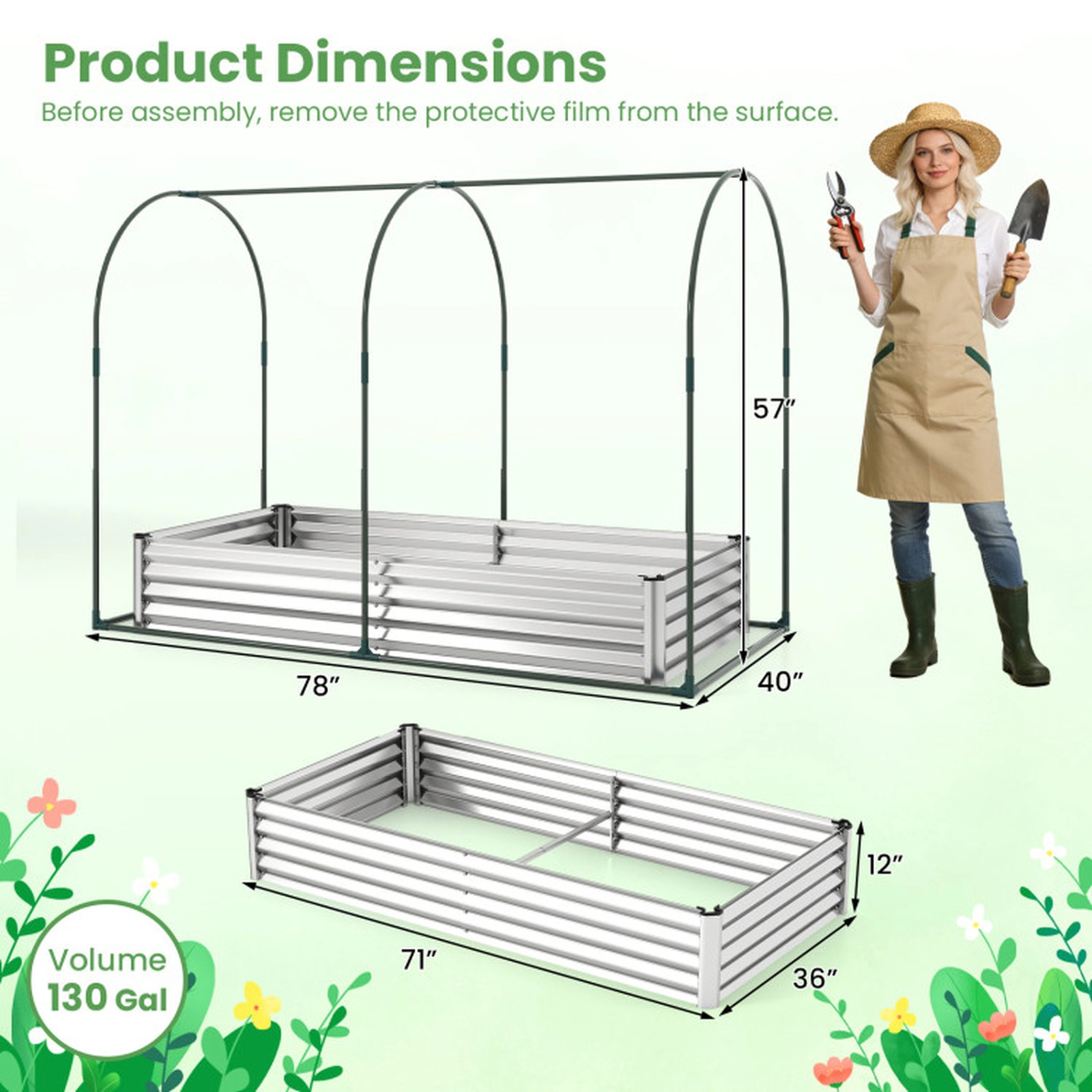 SUGIFT 6-ft x 3-ft 130-gal Galvanized Raised Garden Bed with PVC Greenhouse Cover and 2 Roll-Up Windows