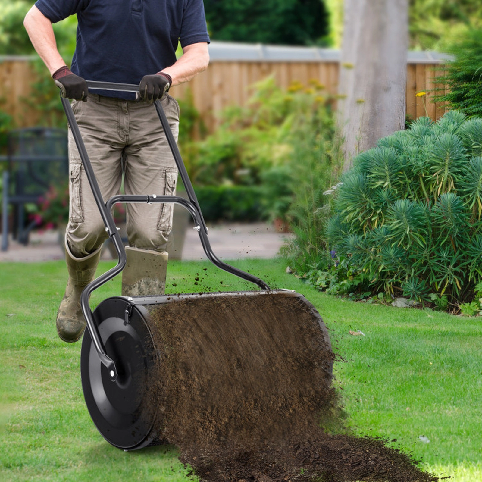 SUGIFT 24-in Mesh Drum Peat Moss Spreader with Upgraded Side Latches and U-Shape Handle 2.7 cu.ft Capacity Green Black