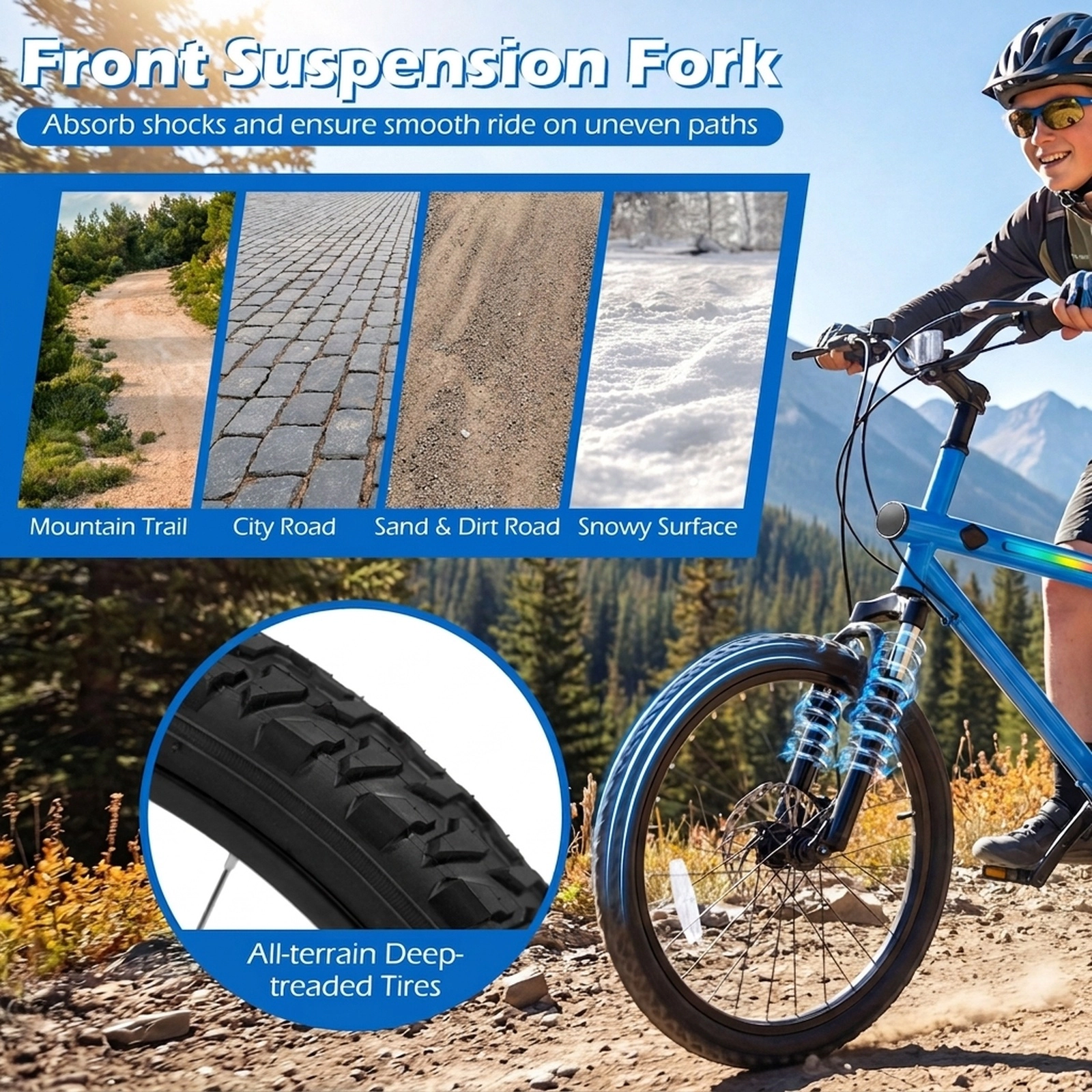 20-in Mountain Bike 6-Speed Twist Shifter Dual Disc Brakes Front Suspension Fork LED Frame Lights Ages 13+ Blue