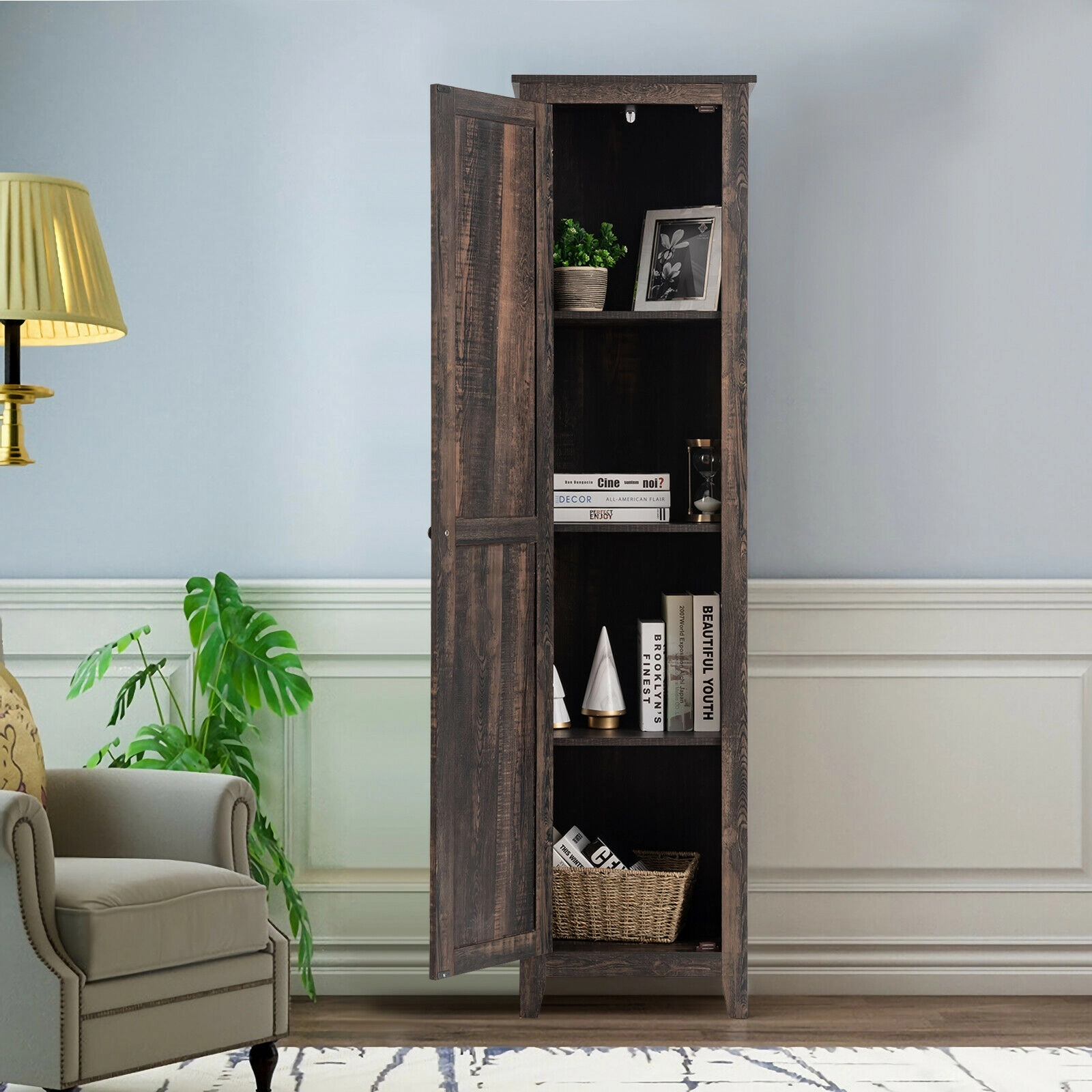 SUGIFT Walnut 72-in Tall 4-Shelf Slim Linen Tower Bathroom Storage Cabinet with Magnetic Door and Anti-Toppling Kit