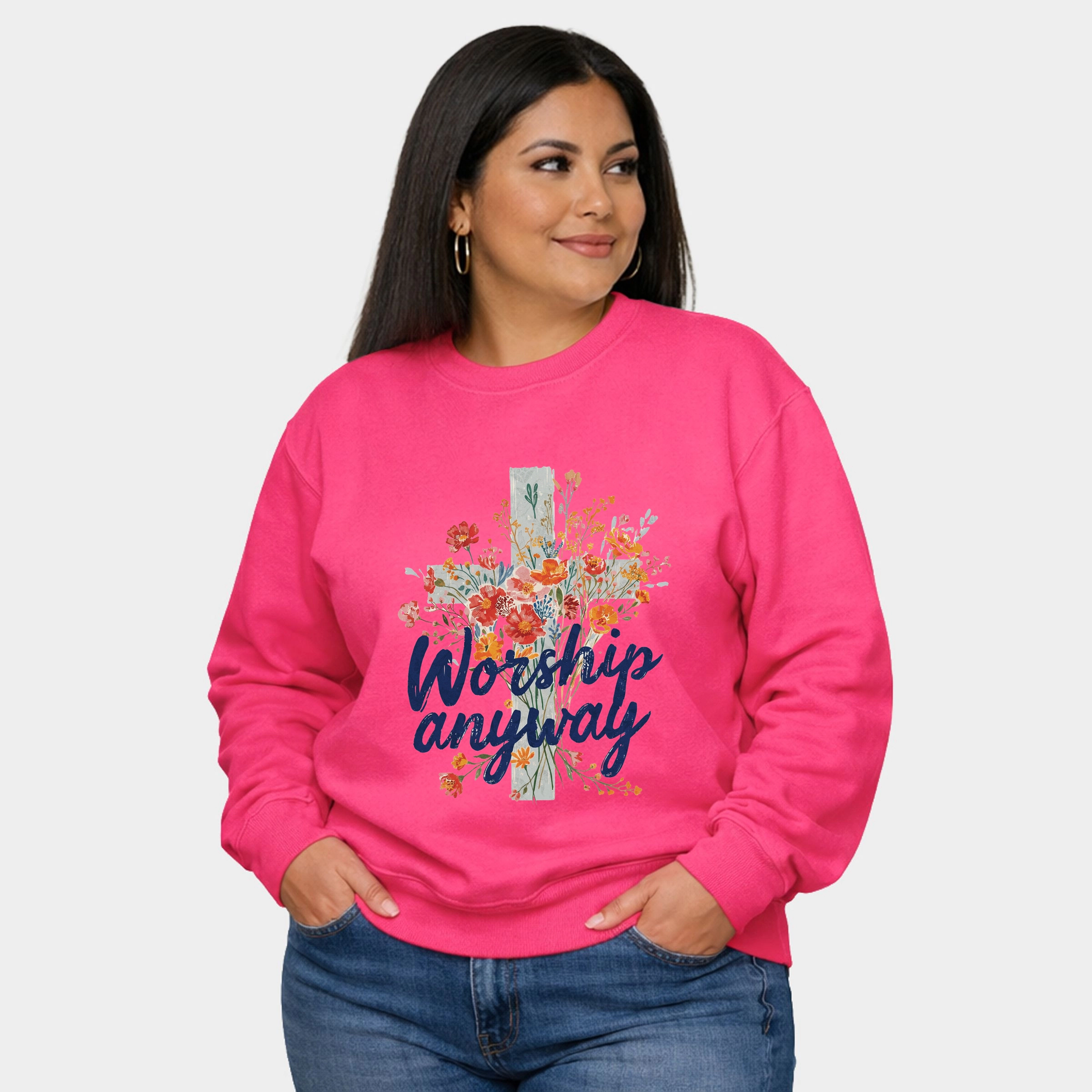 Simply Sage Market - Worship Anyway Cross  Women's Plus Sized Graphic Sweatshirt