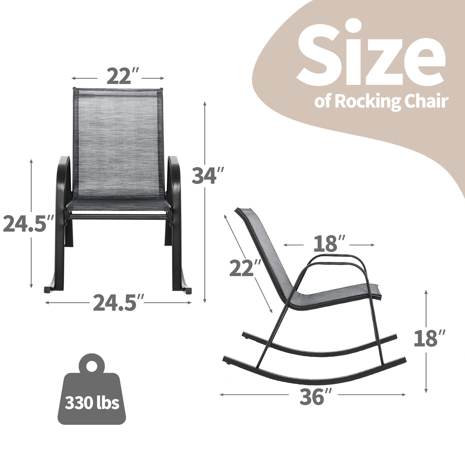 SUGIFT Gray Breathable Seat Fabric Set of 2 Metal Patio Rocking Chairs