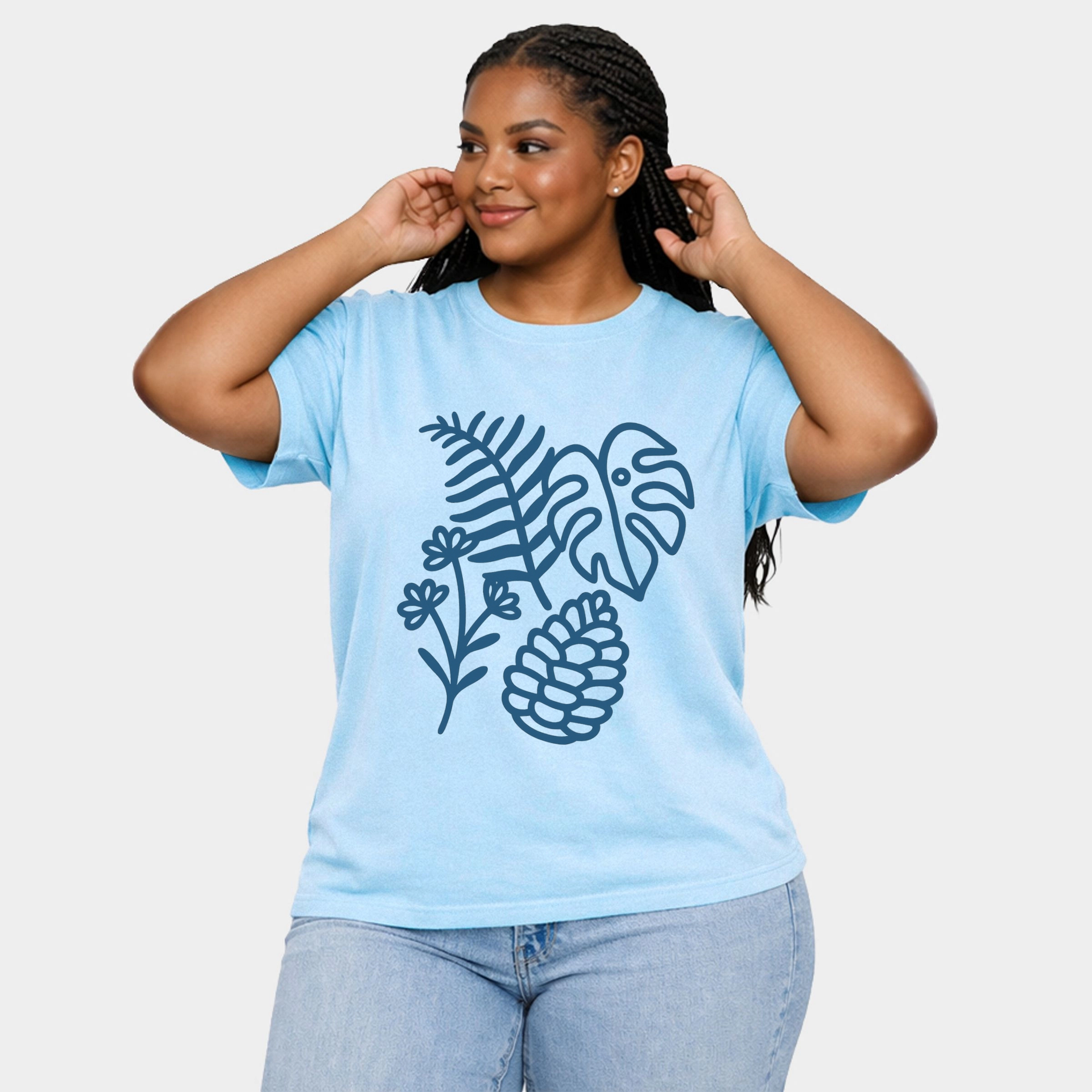 Simply Sage Market - Blue Plants Outline Women's Plus Sized Garment Dyed Graphic T-Shirt
