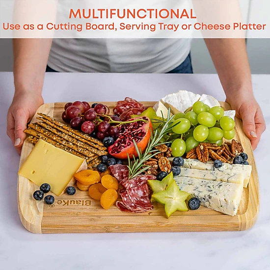 Large Wood Cutting Board for Kitchen 14x11 inch - Bamboo Chopping Board with Juice Groove - Wooden Serving Tray