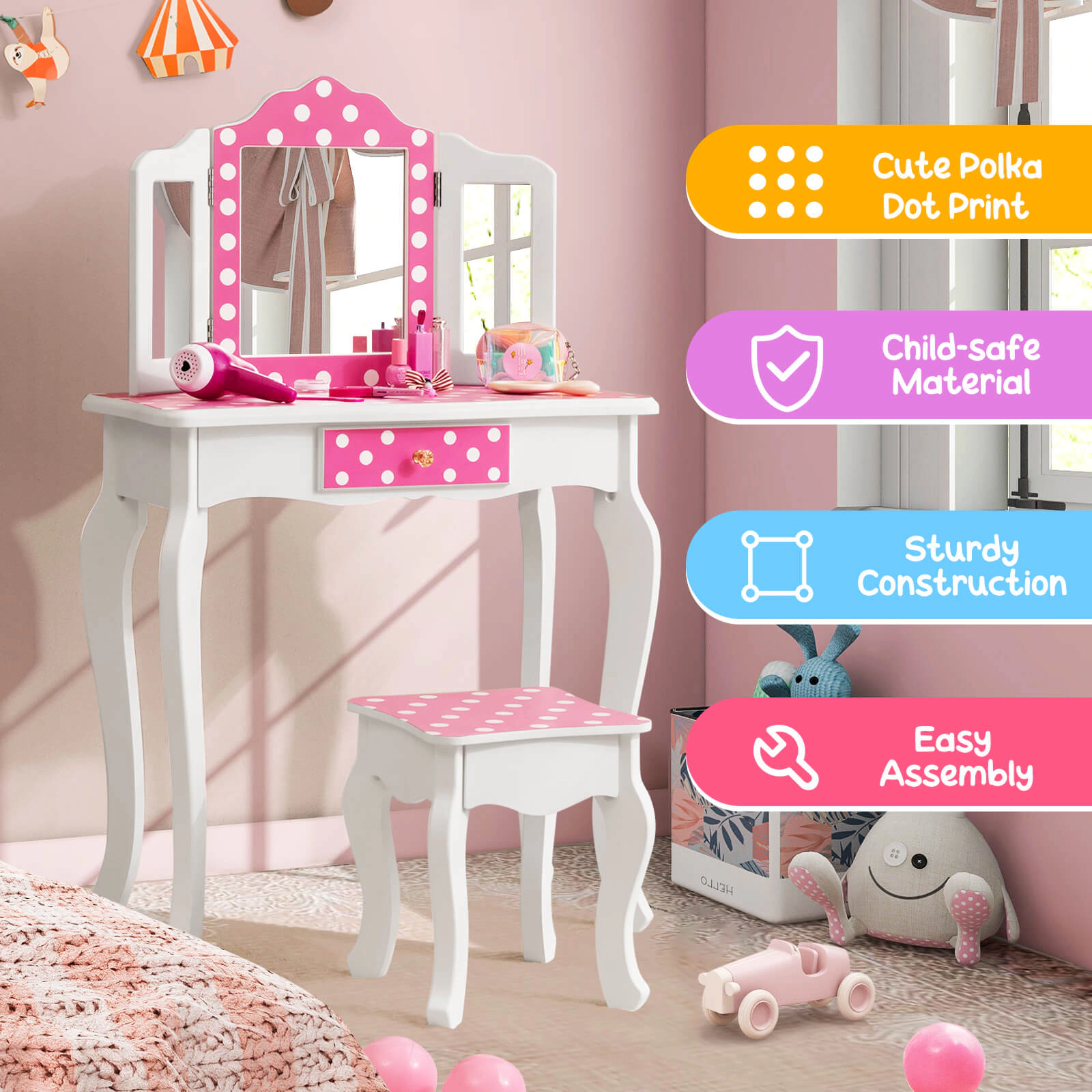 SUGIFT Pink Tri-Folding Mirror and Polka Dot Print Kids Vanity Table and Stool Set