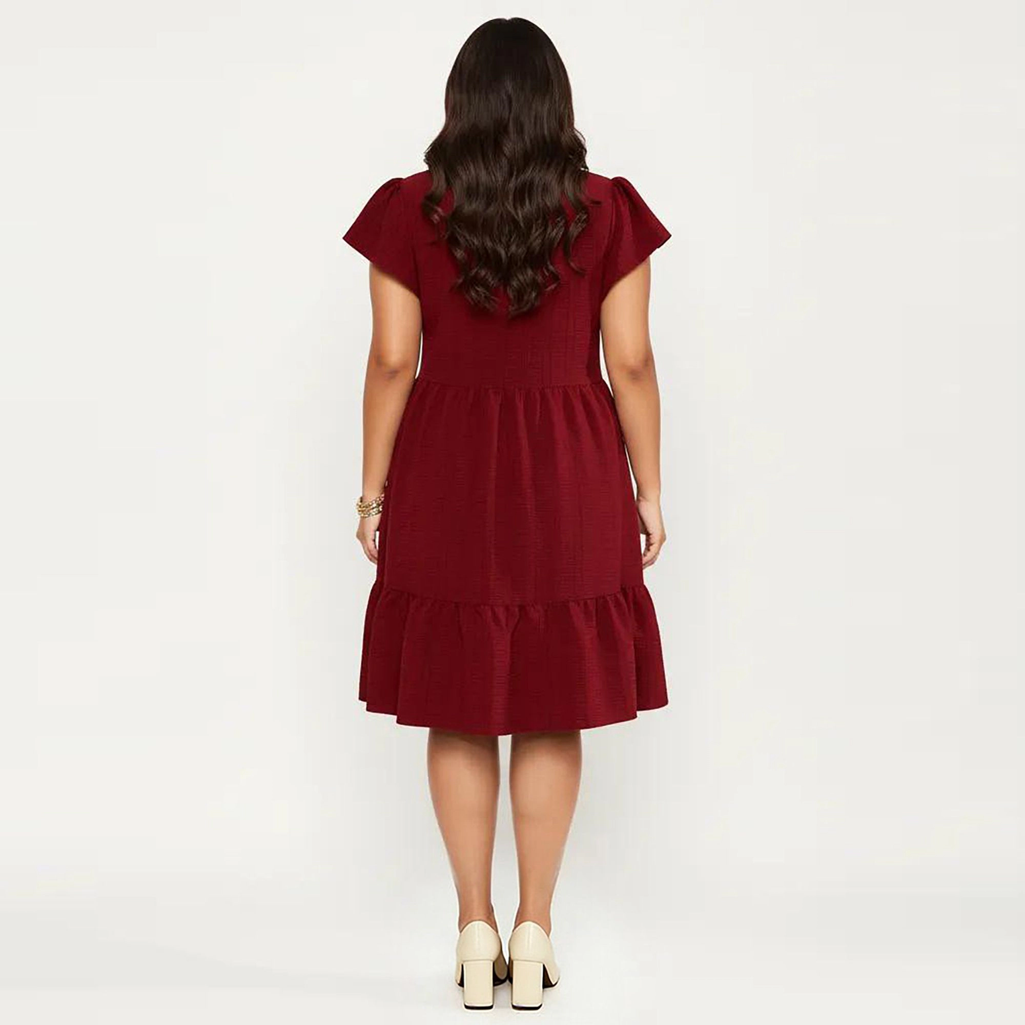 Anna-Kaci Women's Plus Textured Crew Neck Tiered Skirt Ruffle Sleeve Detail Flowy Babydoll Fit Dress