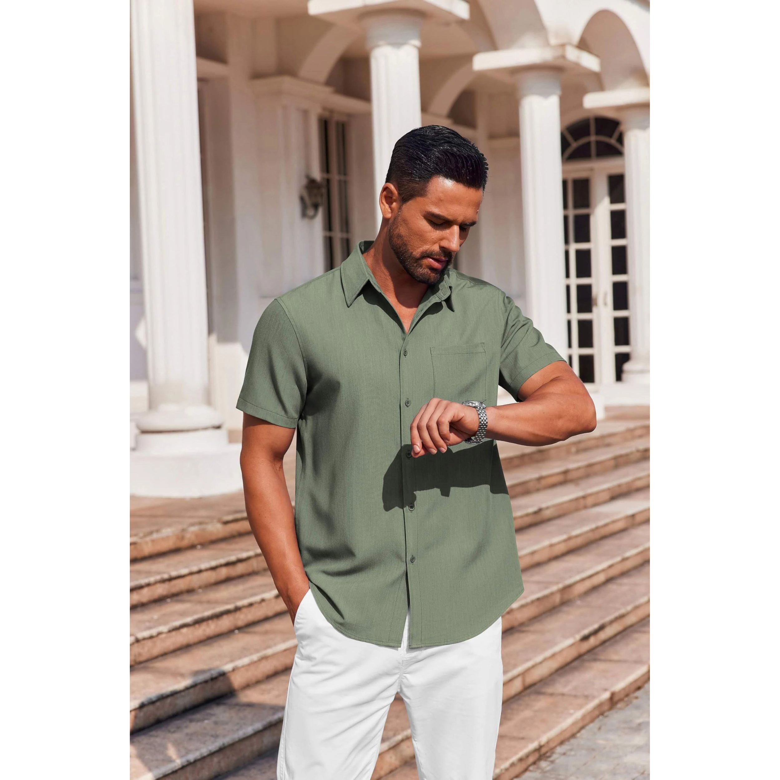 COOFANDY Mens Short Sleeve Button Down Shirt  Lapel Collar Pocket Casual Tops