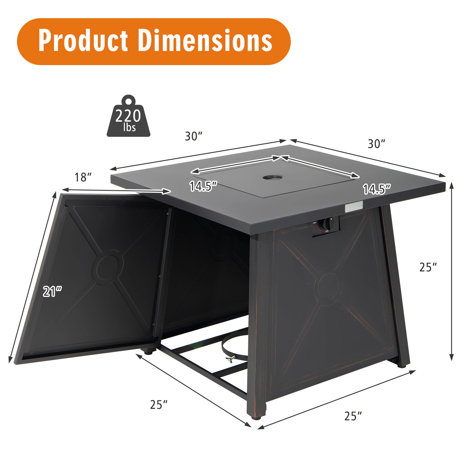 SUGIFT 30-Inch Square Propane Fire Pit Table, 50,000 BTU, Lava Rocks, PVC Cover